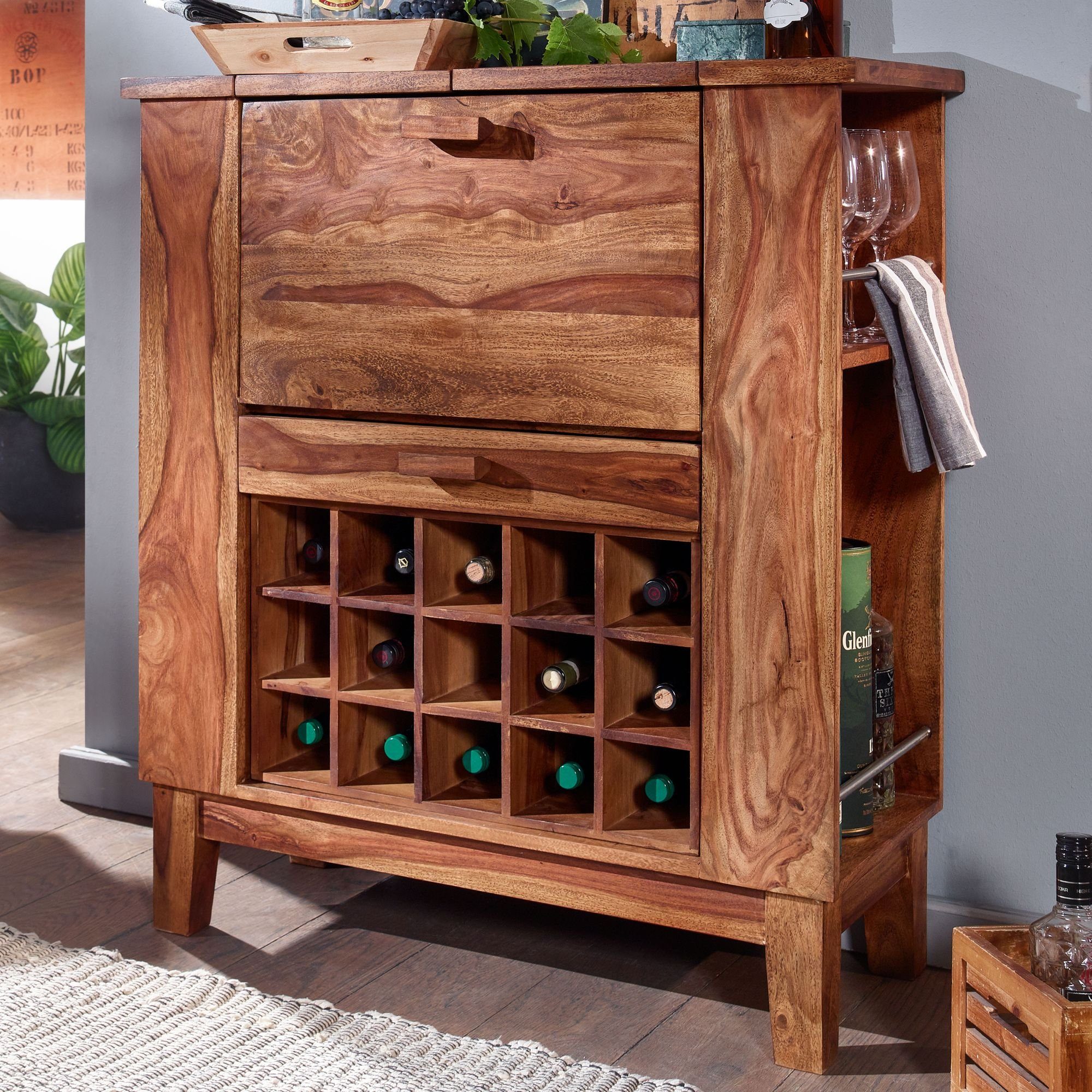 Wohnling Barschrank WL6.541 (Sheesham Massivholz 88x102x40 cm, Hausbar mit Tür) Weinbar Ausklappbar, Barschrank, Kleine Bar Buffet