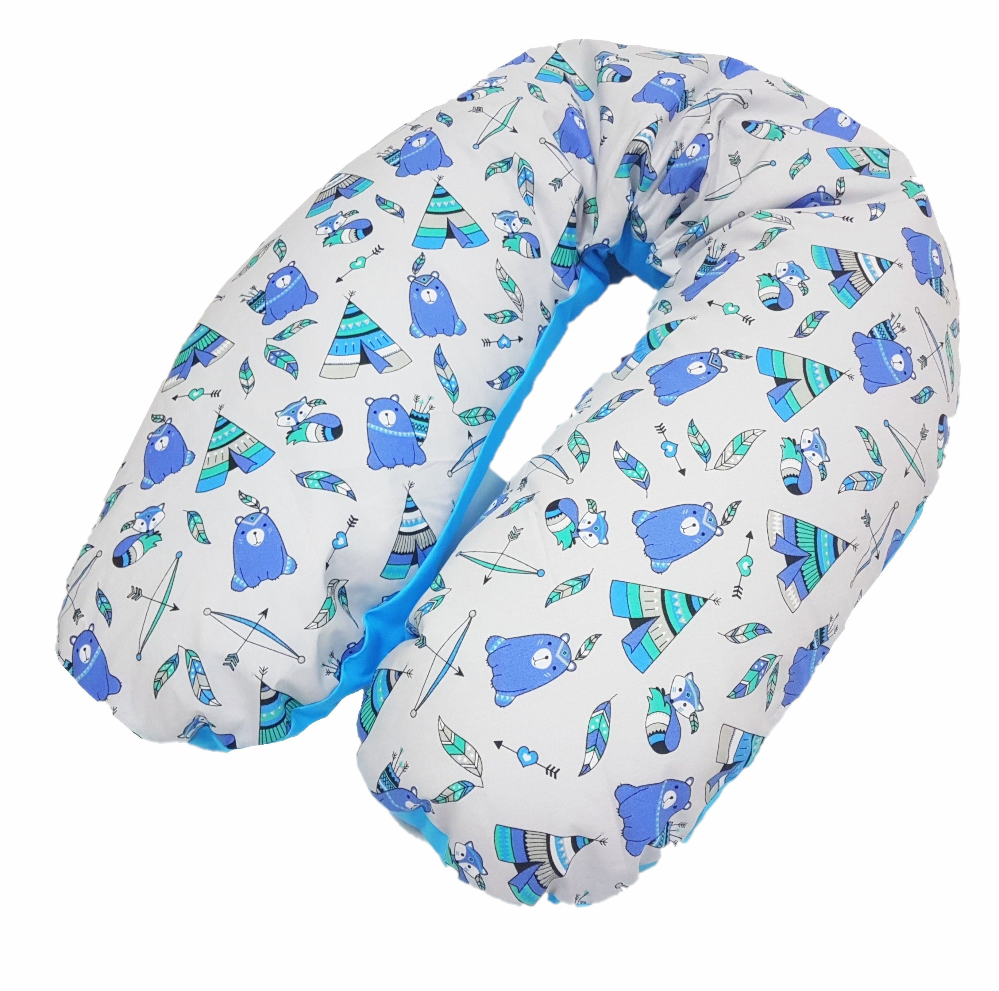 Babymajawelt Stillkissen Stillkissen Perlenfüllung Seitenschläferkissen XL, Speichert Wärme!, Tipi Blau Kissen, Schwangerschaftskissen, Made In EU, Prall gefüllt, Individuell anpassbar
