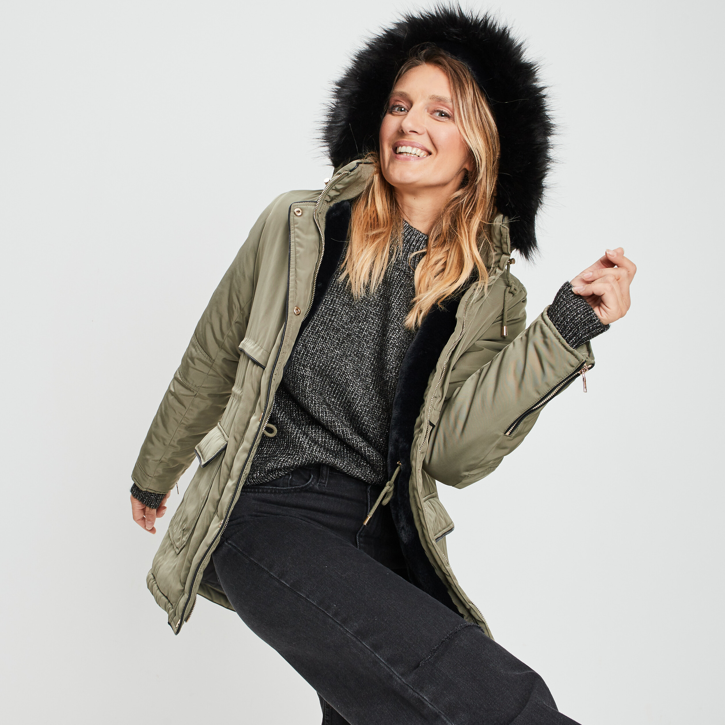 Parka droite à capuche taupe femme | La Halle