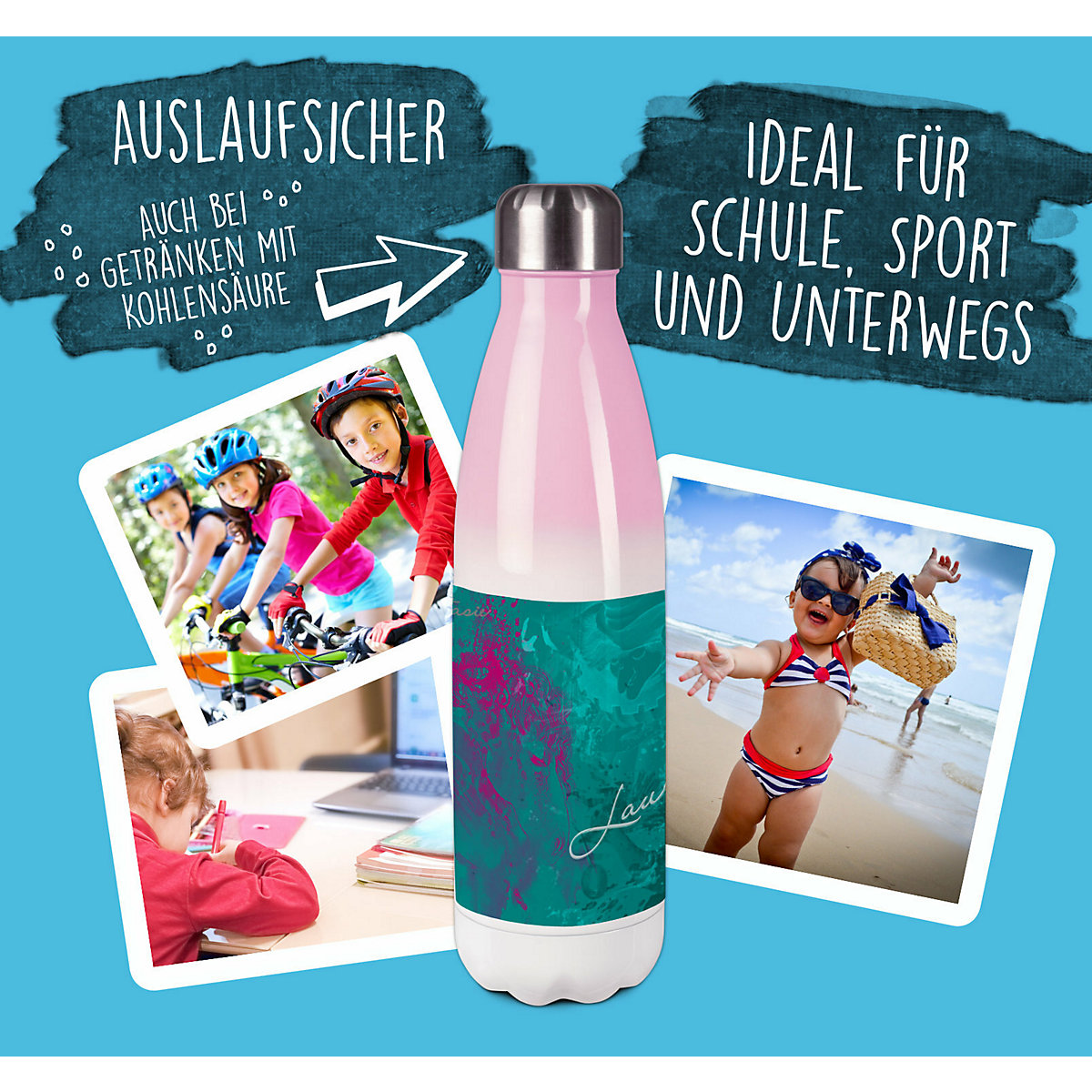 Edelstahl Kinder Thermoflasche / Trinkflasche bunt Traum Farbe petrol pink Spülmaschinenfest, Auslaufsicher, Bruchfest, Doppelwandig, Für Heißgetränke geeignet, Mit Deckel, Isoliert
