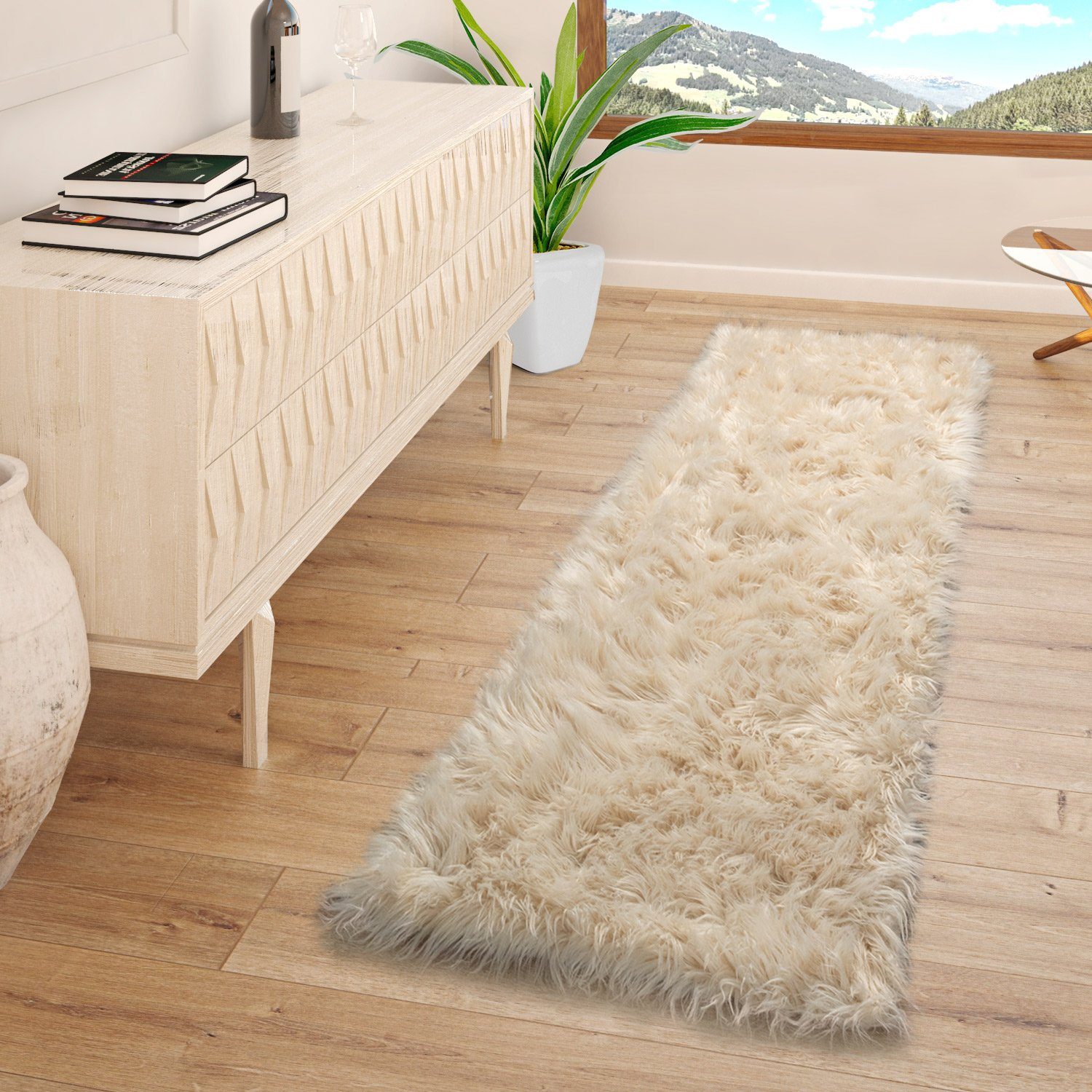 Fellteppich Wohnzimmer Hochflor Teppich Kunst-Fell Design, TT Home, rund, Höhe: 64 mm