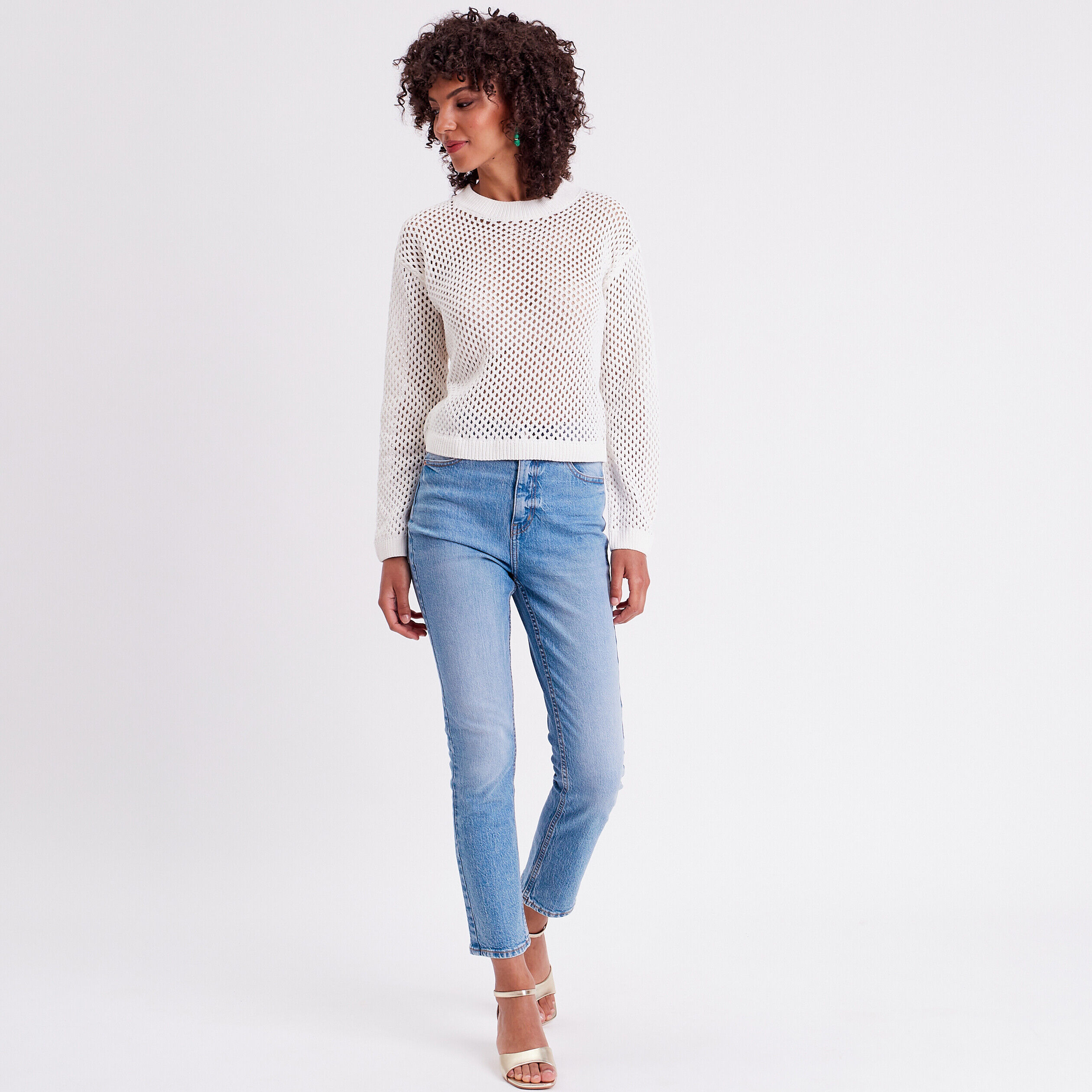 Pull ajouré col rond ecru femme | Cache Cache