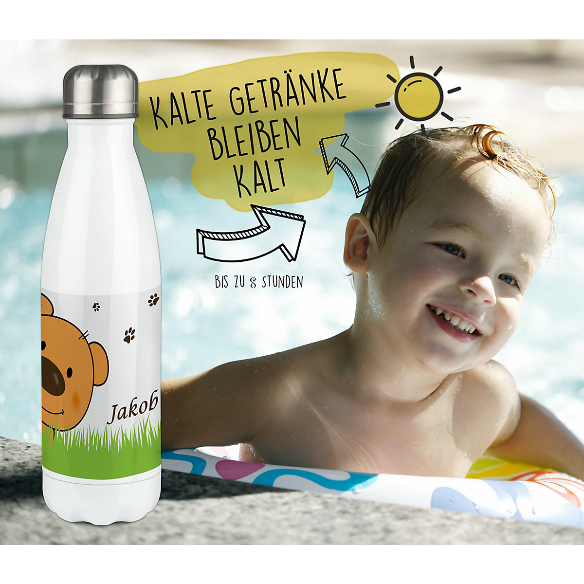 Edelstahl Kinder Thermoflasche / Trinkflasche bunt Teddy Bär-Graß Spülmaschinenfest, Auslaufsicher, Bruchfest, Doppelwandig, Für Heißgetränke geeignet, Mit Deckel, Isoliert