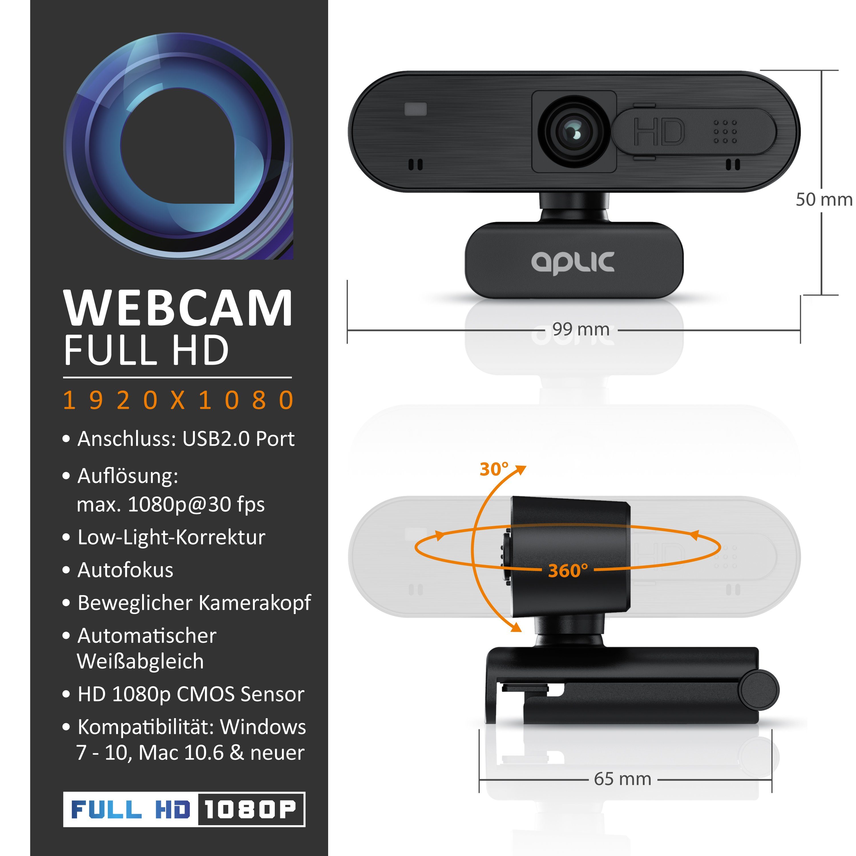 Aplic Full HD-Webcam (Full HD, 1920x1080@30Hz, Autofokus, Privacy Shutter Sichtschutz, Stereomikrofon)