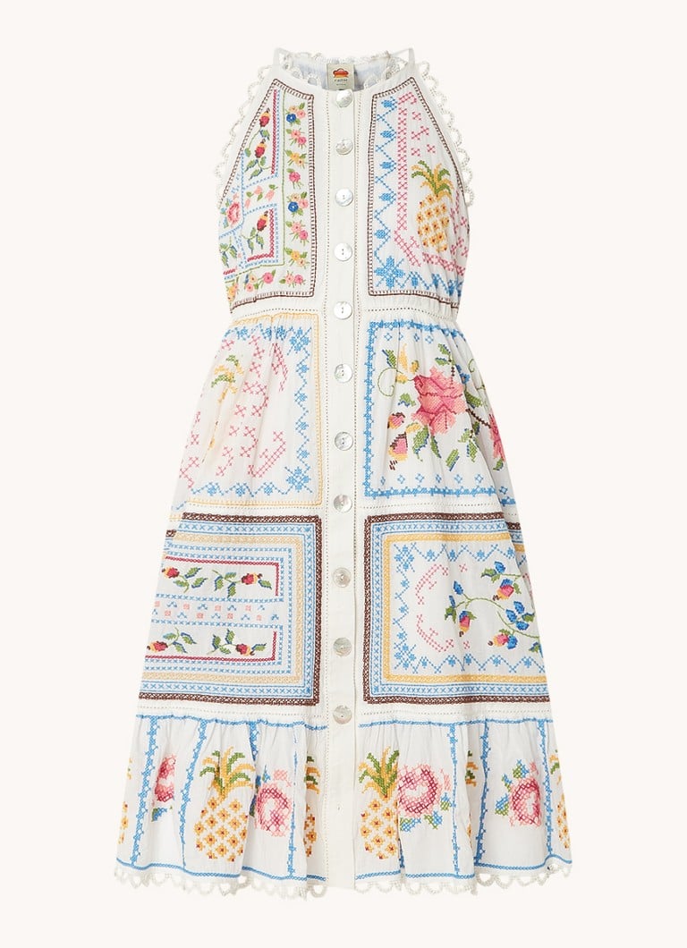 Vestido midi de Farm Rio adornado con bordados y volantes.