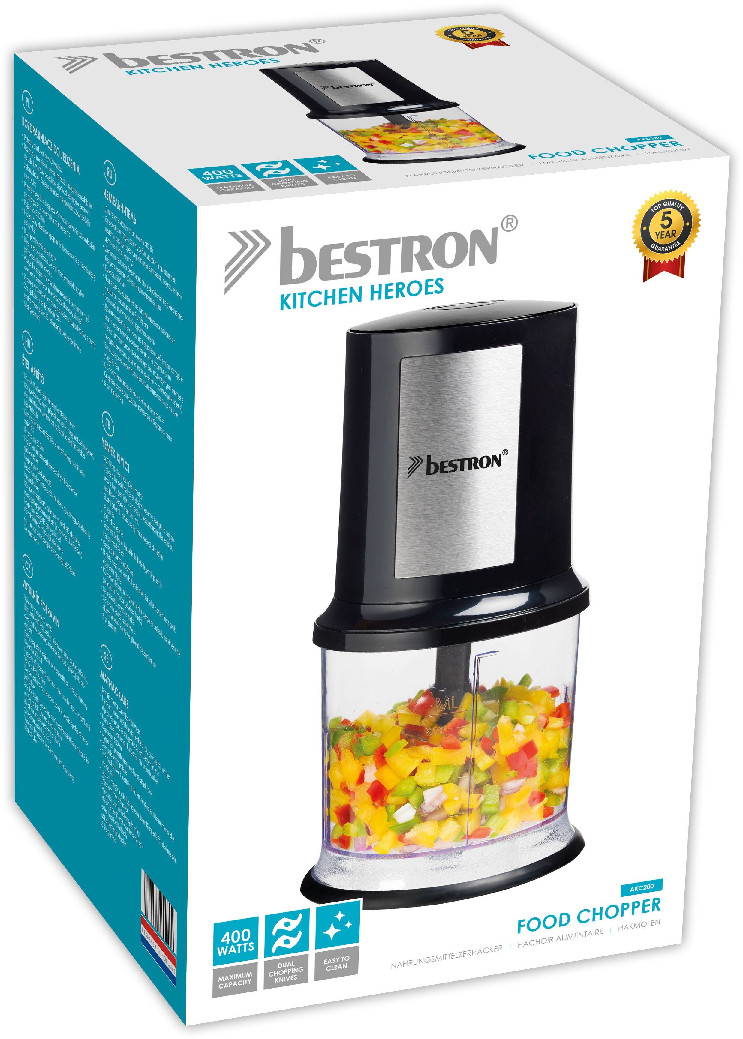 bestron Zerkleinerer AKC200, 400 W, mit zwei Schneidemessern & 500ml Kapazität, große Pulstaste