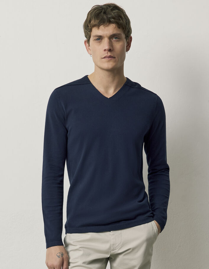 Pull marine à côtes Ottoman et col V Homme