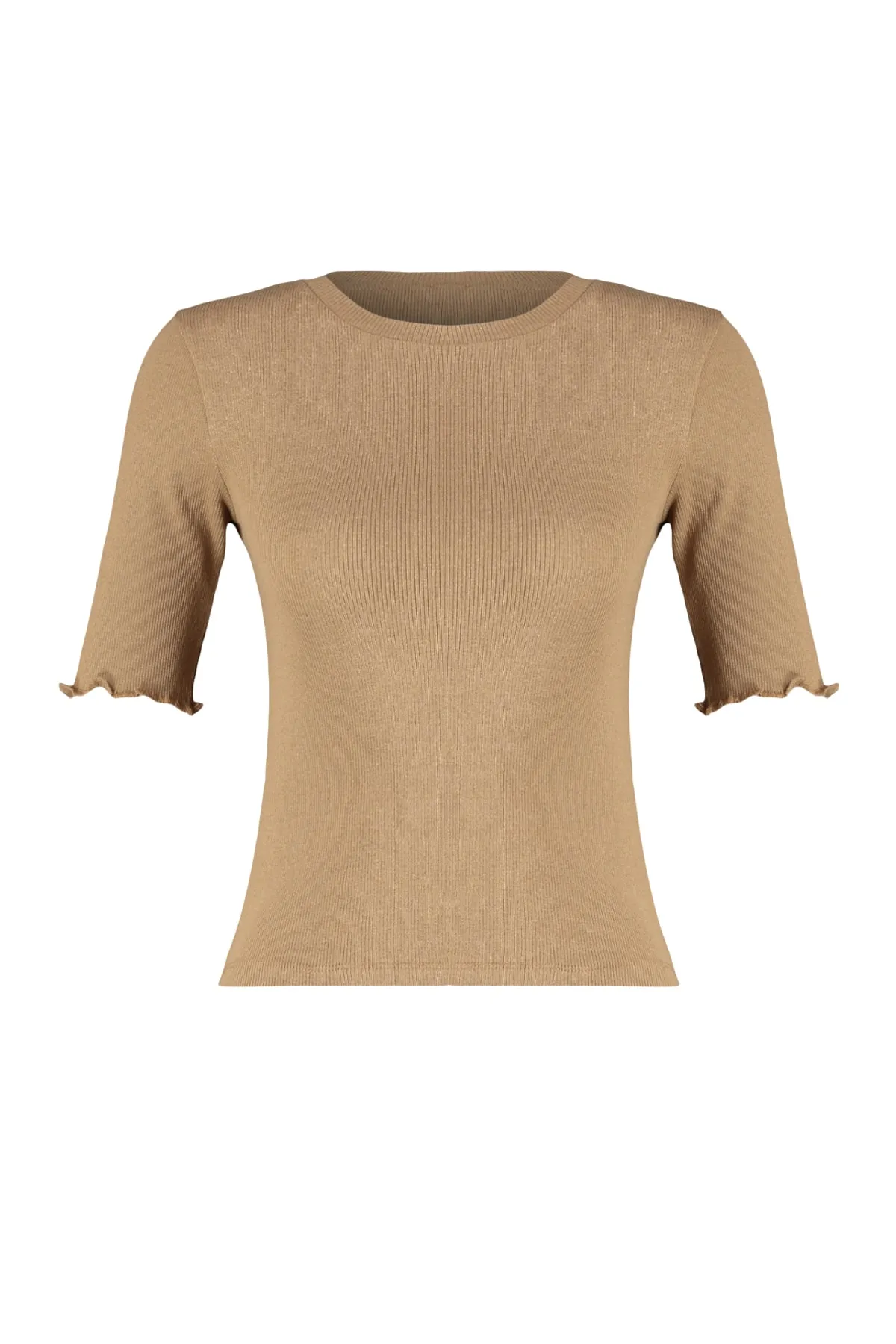Trendyol Collection  Nerzfarbene, taillierte/taillierte Bluse aus Stretch-Strick mit Rundhalsausschnitt und Kordelzug TWOSS23BZ00025
