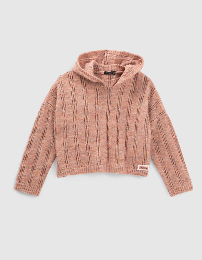 Pull bois de rose tricot ajouré à capuche fille