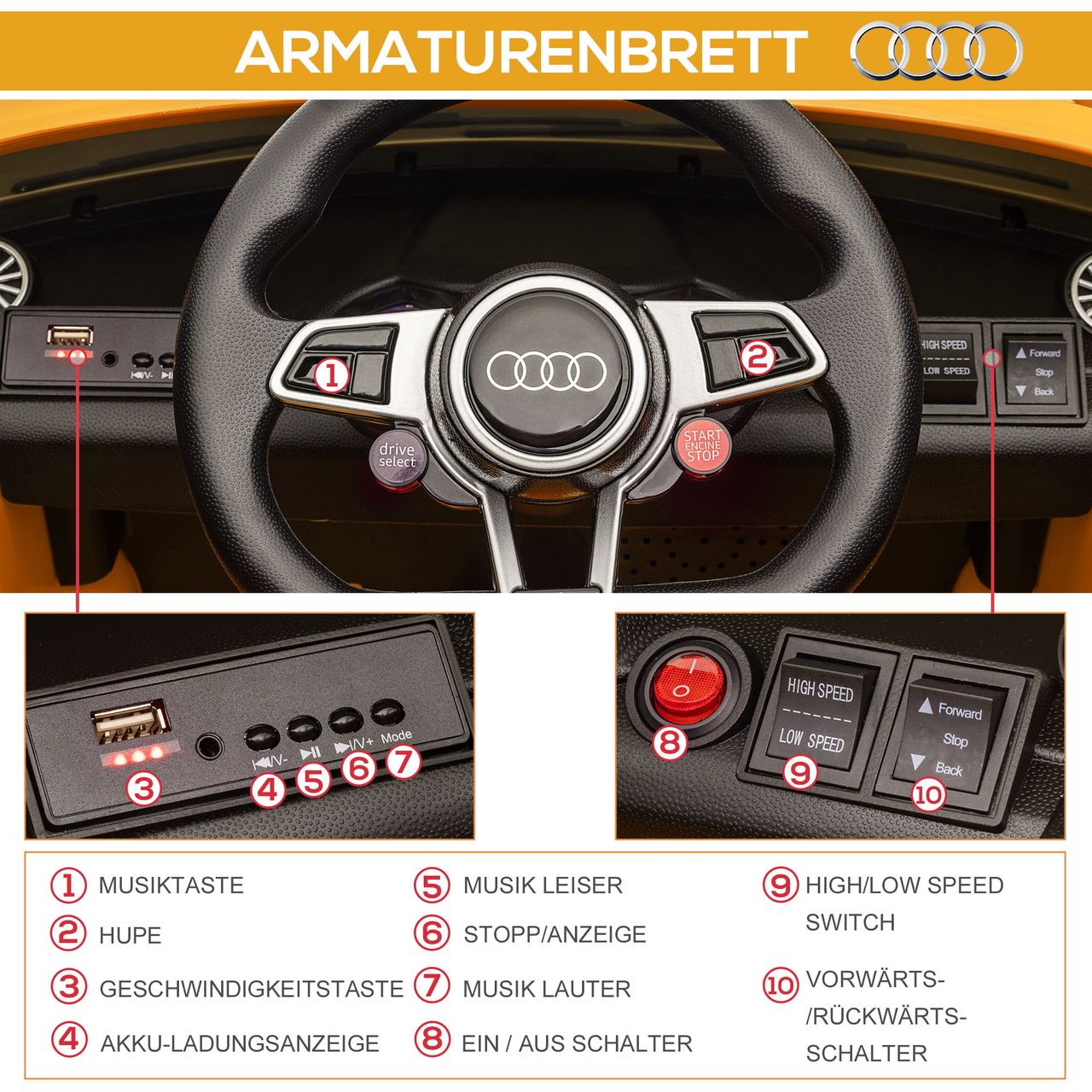 HOMCOM Kinderauto Elektroauto mit Fernbedienung Sicherheitsgurt 3–5 Jahre Gelb