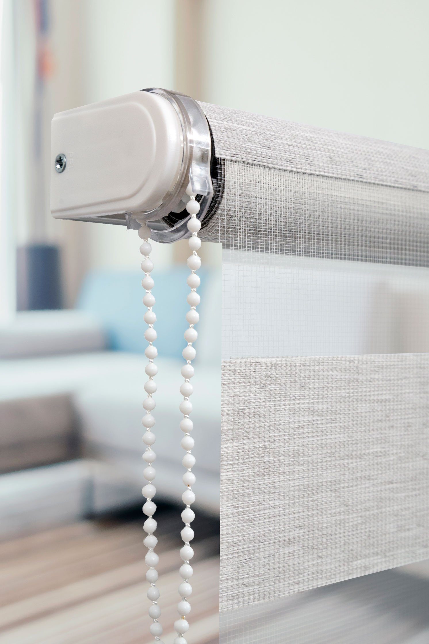 Doppelrollo Klemmfix Doppelrollo mit Perlen Volant in versch. Farben, Plisseeonline, blickdicht, Klemmträger Montage auf dem Fensterrahmen, Freihängend, Klemmfix, Mit Perlen, Aluminium Schiene, Weiß, Grau, Beige, Braun, Anthrazit