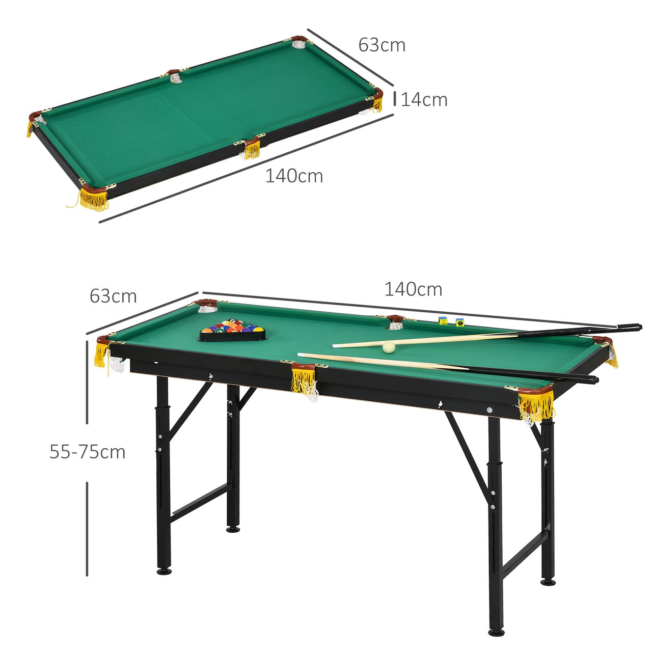 SPORTNOW SPORTNOW Billardtisch 4,6ft klappbar 140 x 63 x 55-75cm Tischbillard mit Zubehör