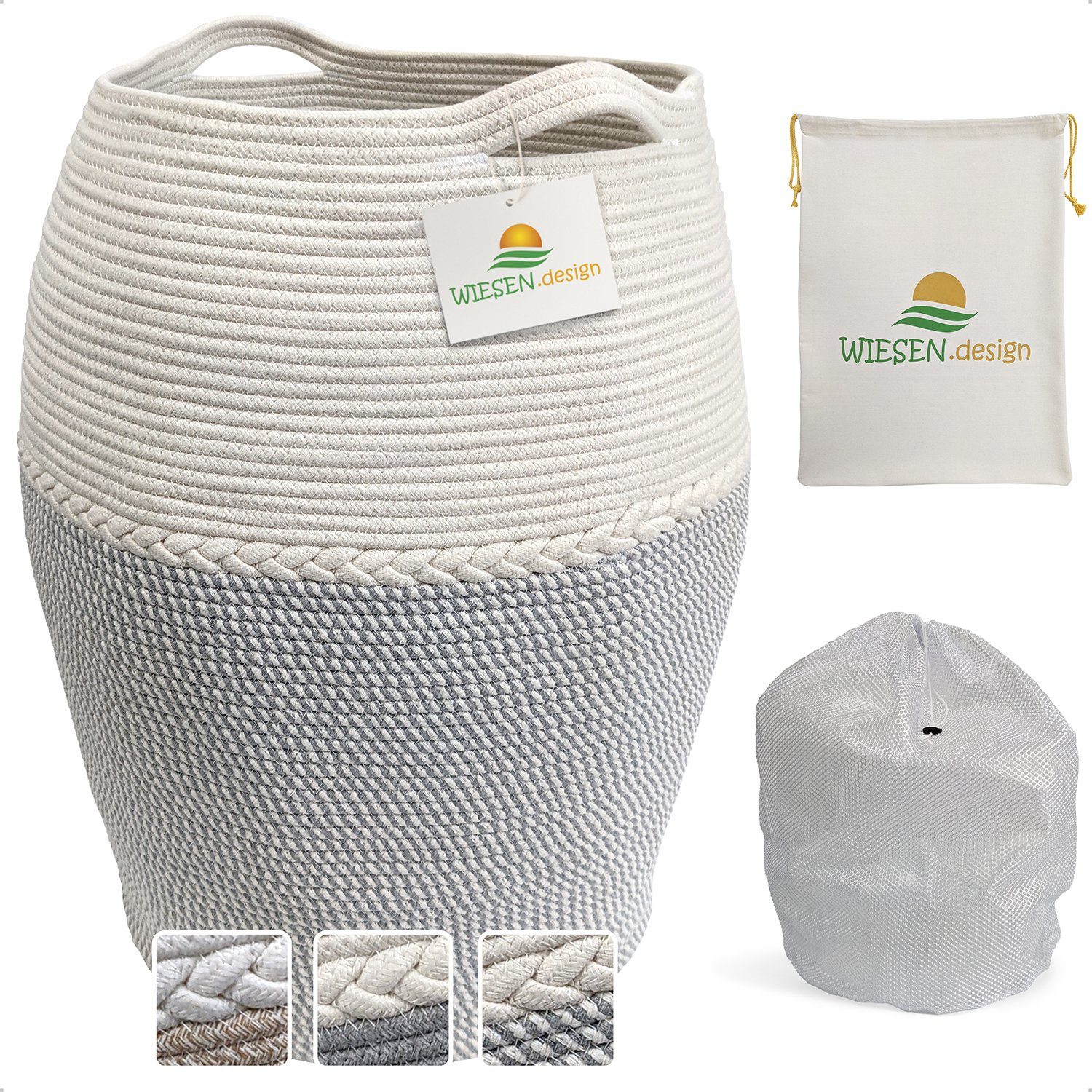 WIESEN.design Wäschekorb Jamila Ø46/39xH65cm 105L, 100% Baumwolle, Aufbewahrung geflochten, inkl. großem Waschsack und schwerem Wäschesack, gratis Versand