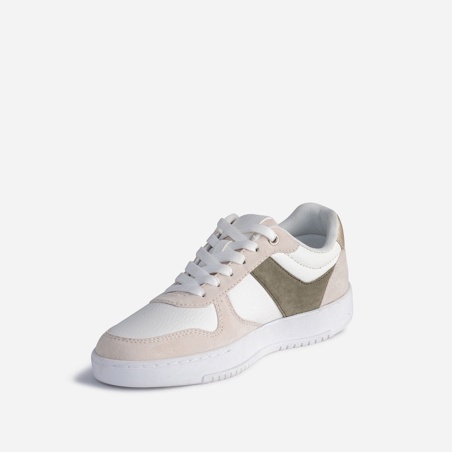 Tennis TEXTO blanche, kaki, beige et dorée