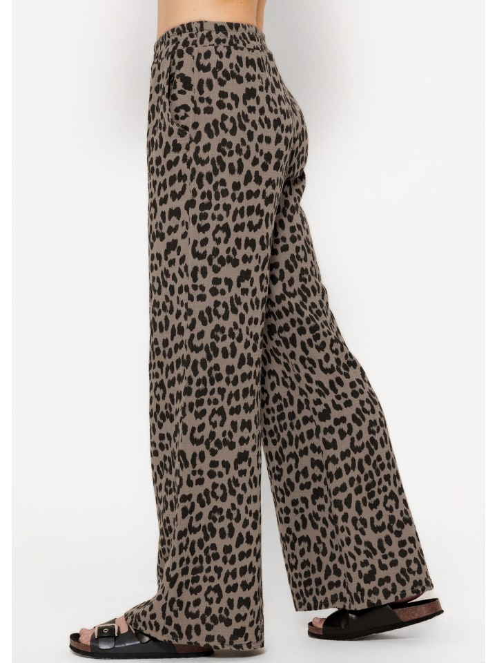 SASSYCLASSY Musselin Pants mit weitem Bein in Leo-Print in Taupe günstig kaufen