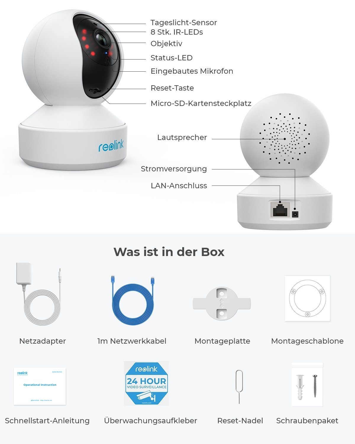 Reolink E1 Pro 4MP Indoor 355° Schwenk- / 50° Neigung PT Dualband WLAN IP Überwachungskamera (Innenbereich, 8pcs Infrarot-LED, Automatische Verfolgung, 2-Wege-Audio, Baby Monitor, Personen und Haustiere erkennen)