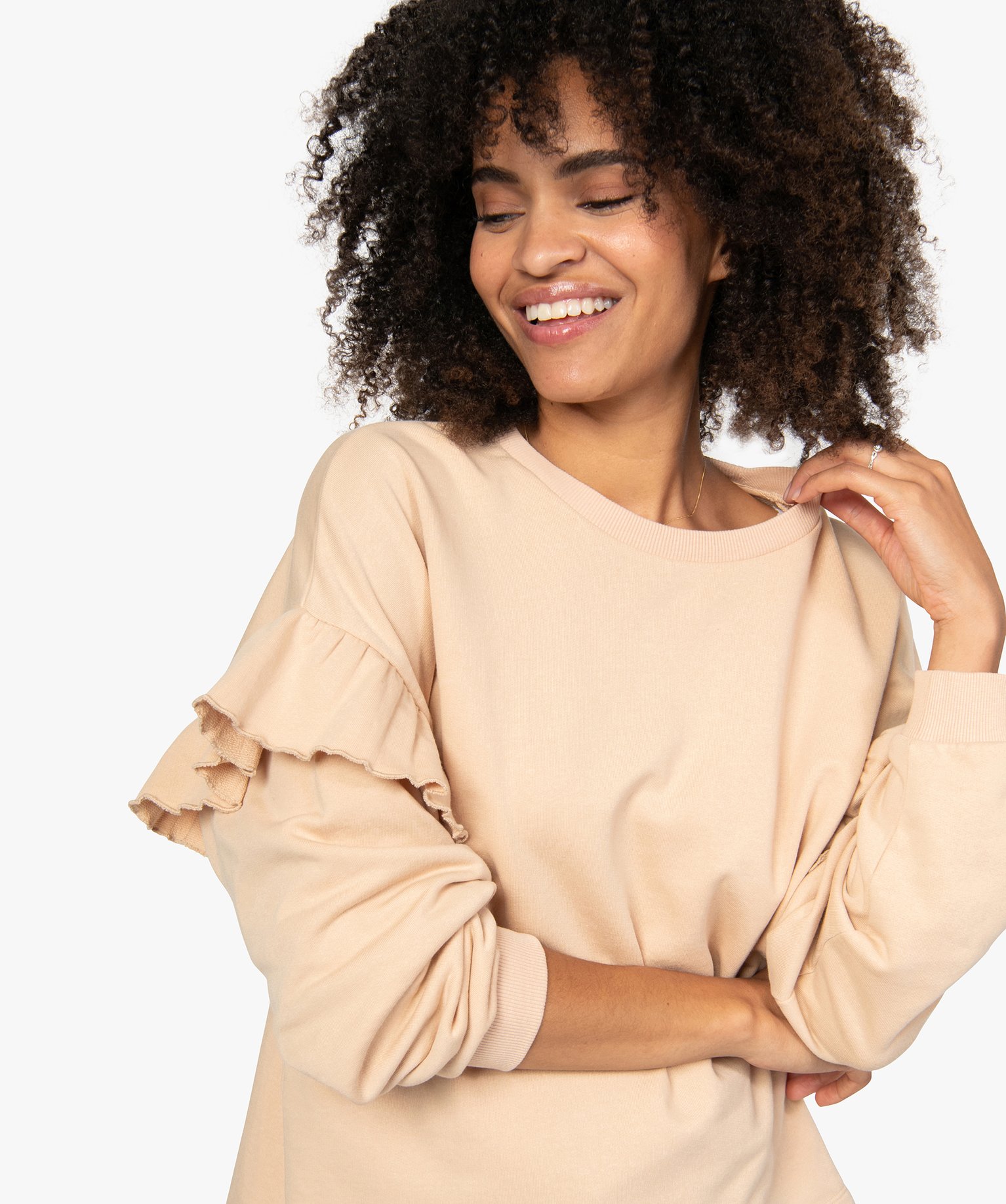 Sweat femme loose à manches volantées beige | GEMO