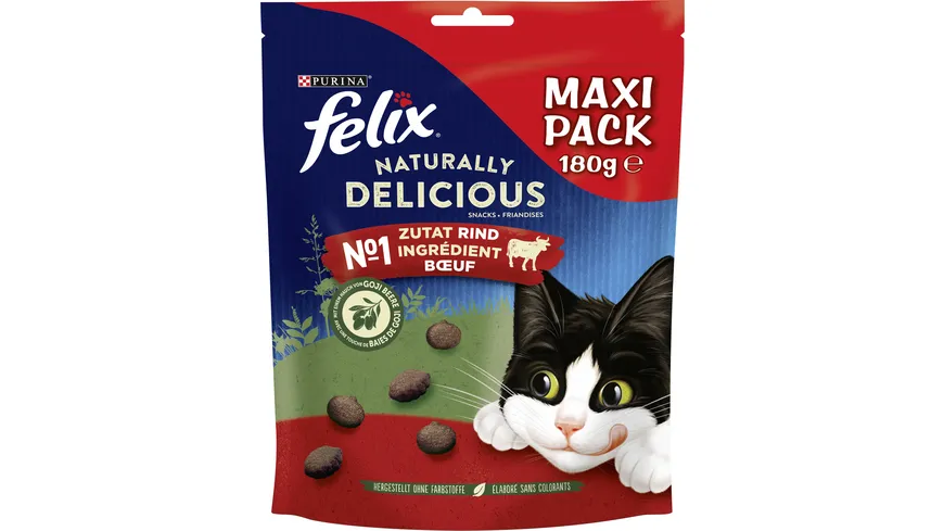 PURINA FELIX Naturally Delicious reich an Rind mit einem Hauch von Goji Beere Katzensnacks 180 g