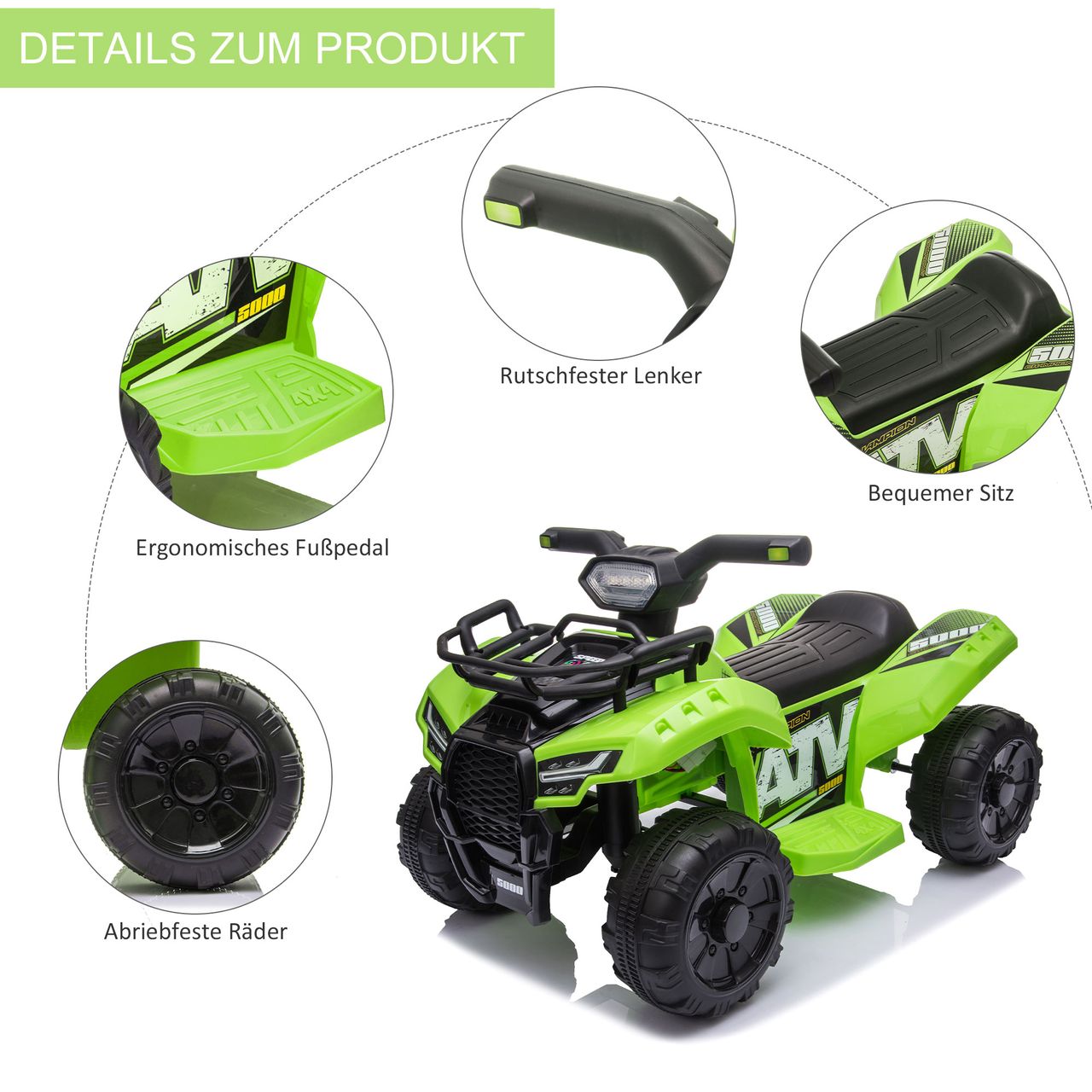 HOMCOM Mini Elektro-Quad Kinder Elektro ATV Kinderwagen LED Frontlicht Kinderfahrzeug Kindermotorrad Elektroquad für 18-36 Monate Kinder Metall PP-Kunststoff Grün 66 x 44 x 42 cm