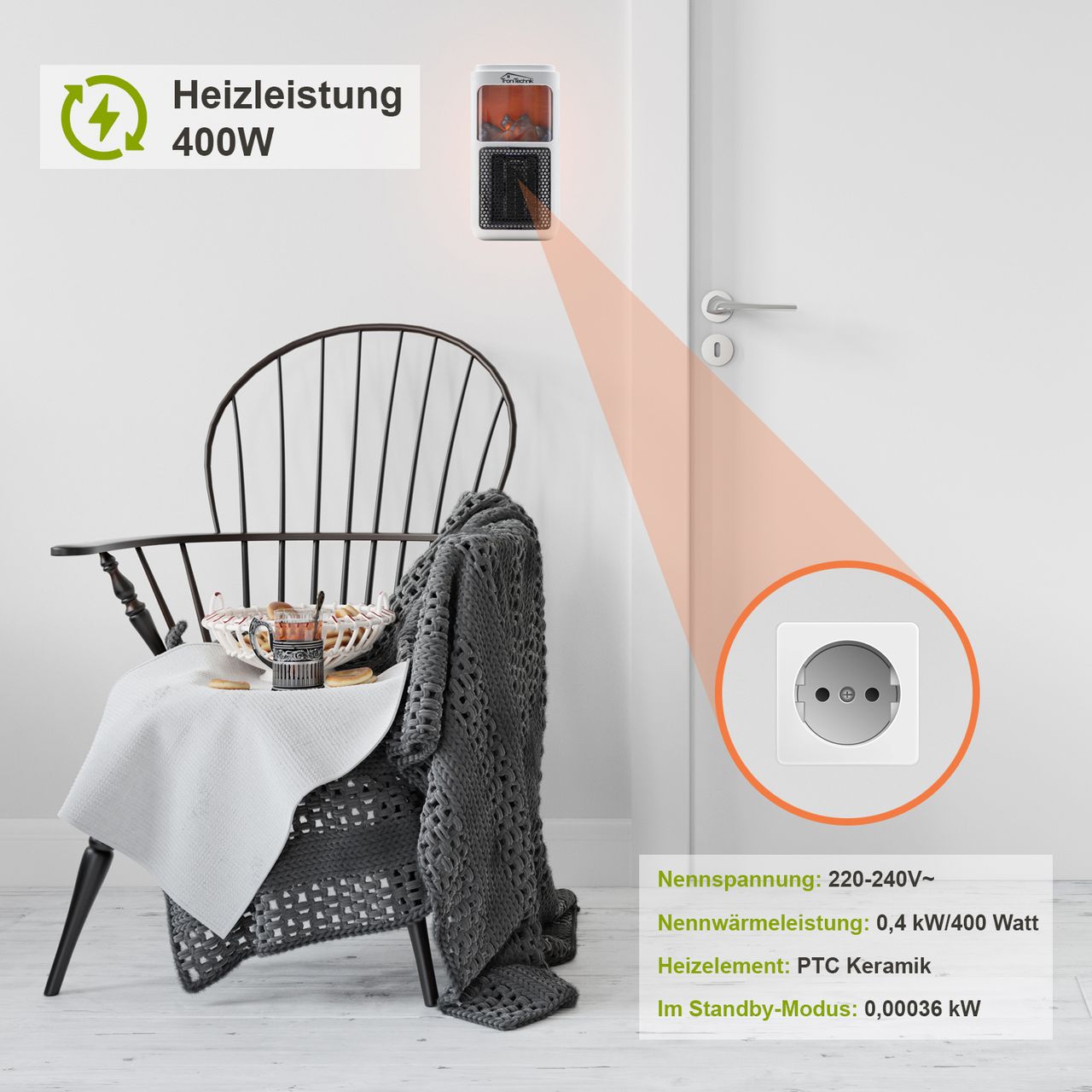 TroniTechnik Steckdosen Heizlüfter Mini, Kaminfeuereffekt LCD Display Keramik 400W