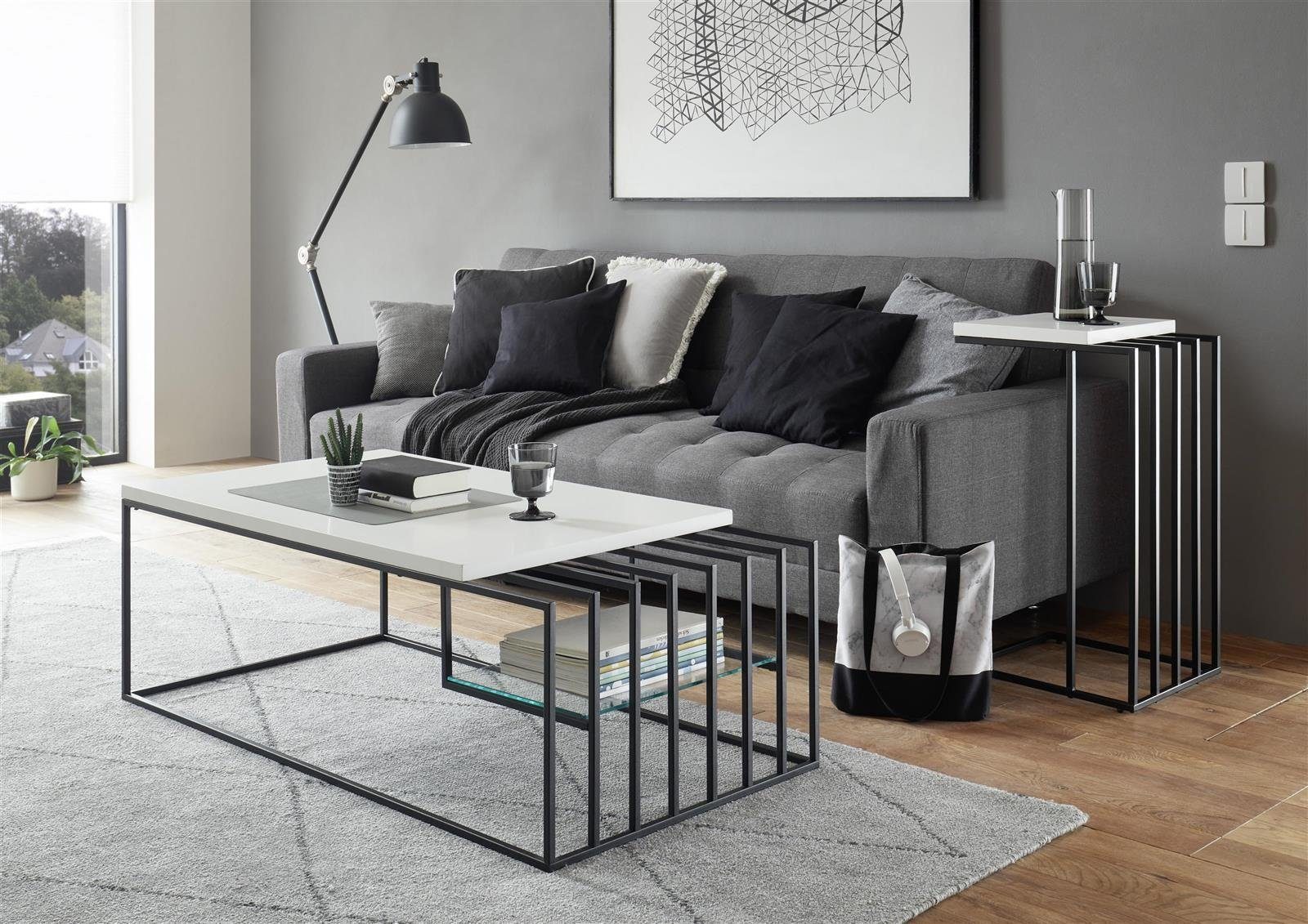 möbelando Couchtisch Jurien Bay, Moderner Couchtisch, Tischplatte aus Spanplatte in Weiß matt lackiert, Gestell aus Metall in Schwarz pulverbeschichtet mit 1 offenen Fach. Breite 120 cm, Höhe 40 cm, Tiefe 60 cm