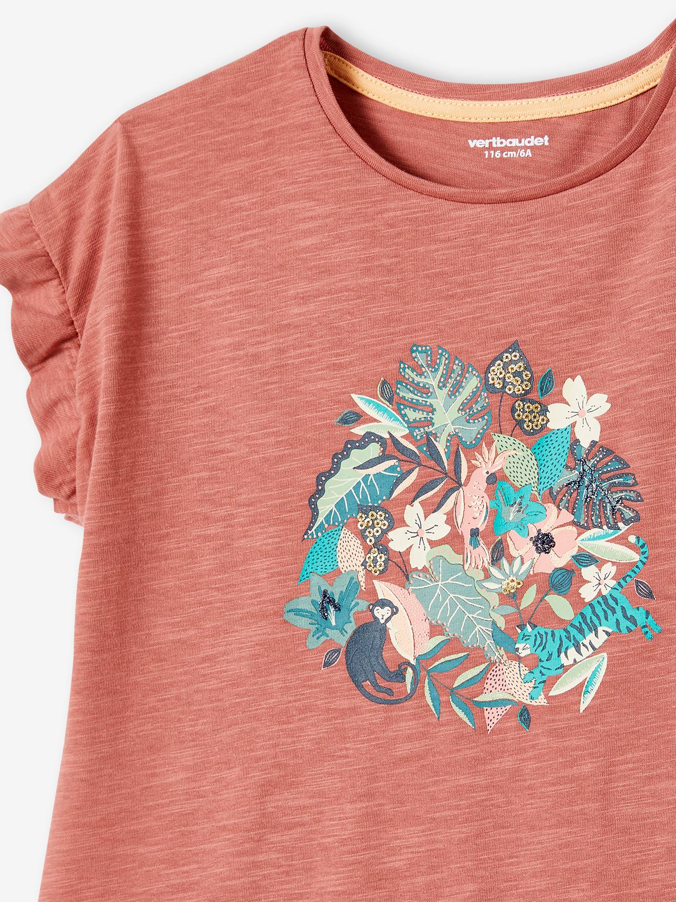 Vertbaudet Mädchen T-Shirt mit Pailletten-Print und Volants Oeko-Tex - aqua