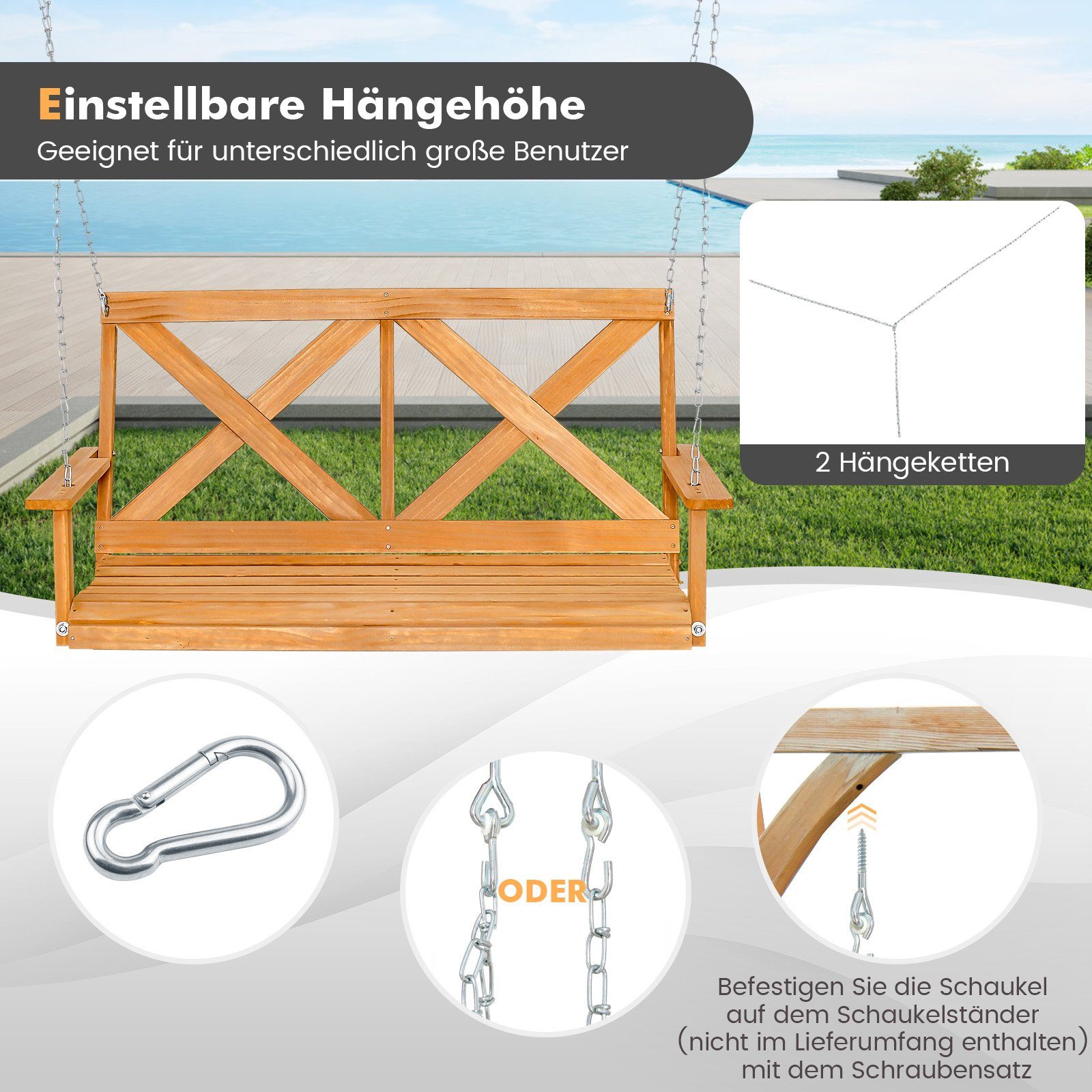 COSTWAY Hollywoodschaukel Hängebank, 2,00-Sitzer, aus Holz, bis 240kg