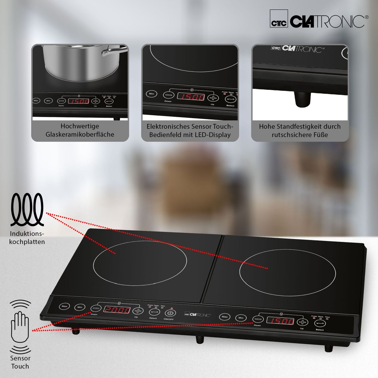 CLATRONIC Doppelkochplatte CLATRONIC Induktion Doppel-Kochplatte Kochfeld Herd Camping DKI 3609