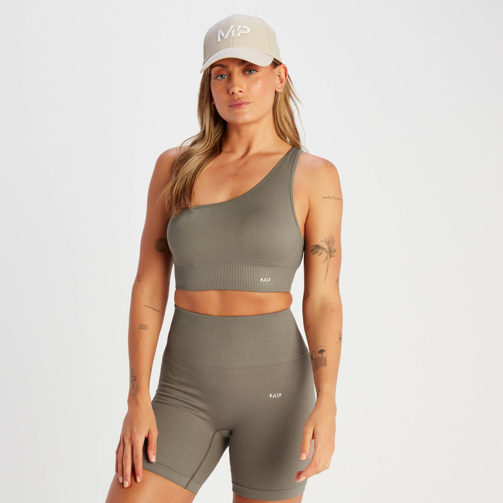 Brassière asymétrique côtelée sans coutures MP Tempo pour femmes – Taupe foncé