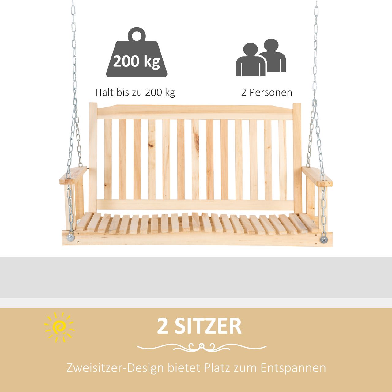 Outsunny Gartenschaukel für 2 Personen Schaukelbank Hängebank Massivholz Patio Terrasse Hinterhof Natur 117 x 69 x 60 cm