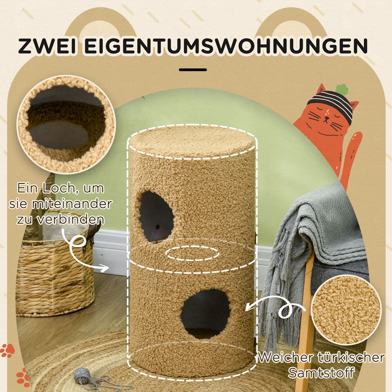 PawHut Kratztonne Höhe 66 cm, Kratzturm mit 2 Höhlen, Katzentonne mit Kratzbrett