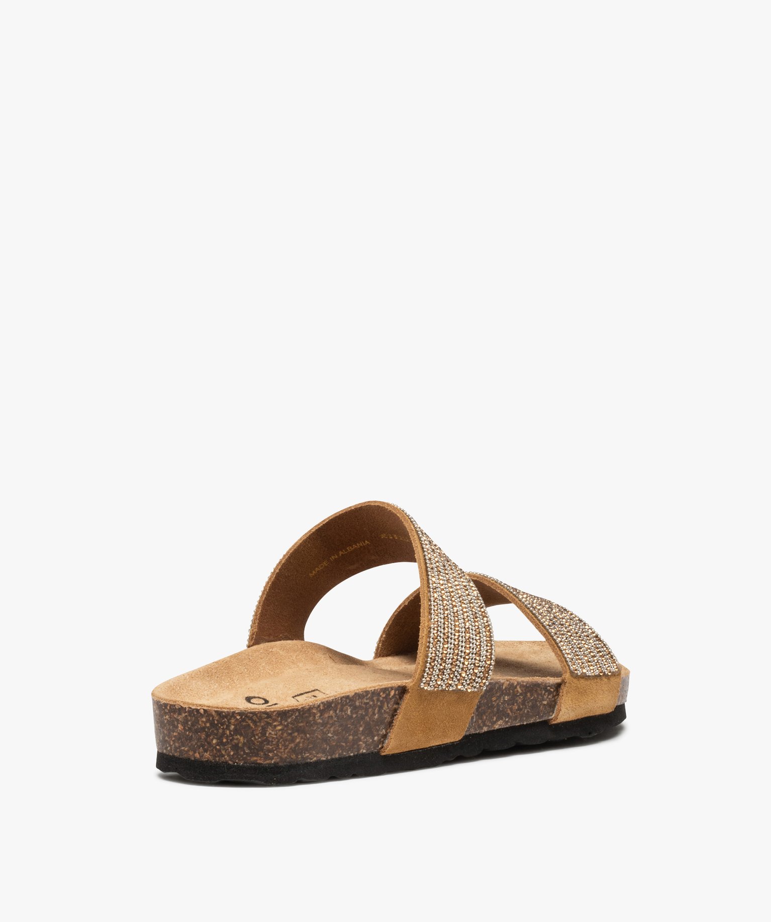 Mules femme plates à semelle liège et brides strass camel | GEMO
