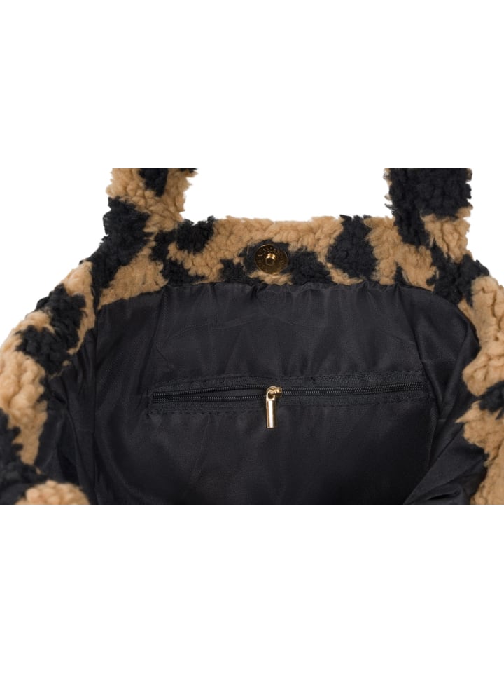 styleBREAKER Teddyfell Schultertasche mit Leo Muster in Braun-Schwarz günstig kaufen onesize