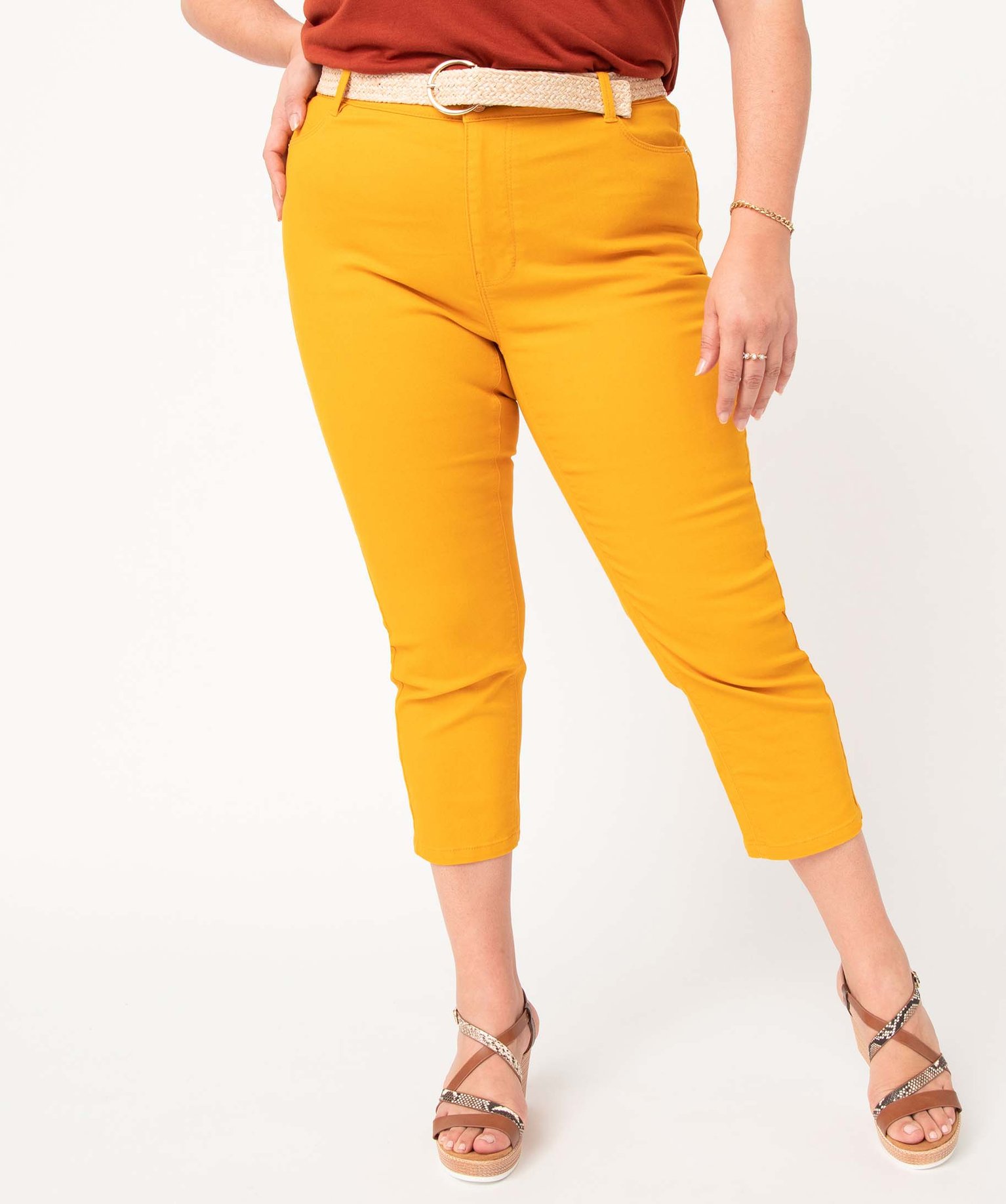 Pantacourt femme grande taille en twill coloré avec ceintur... jaune | GEMO