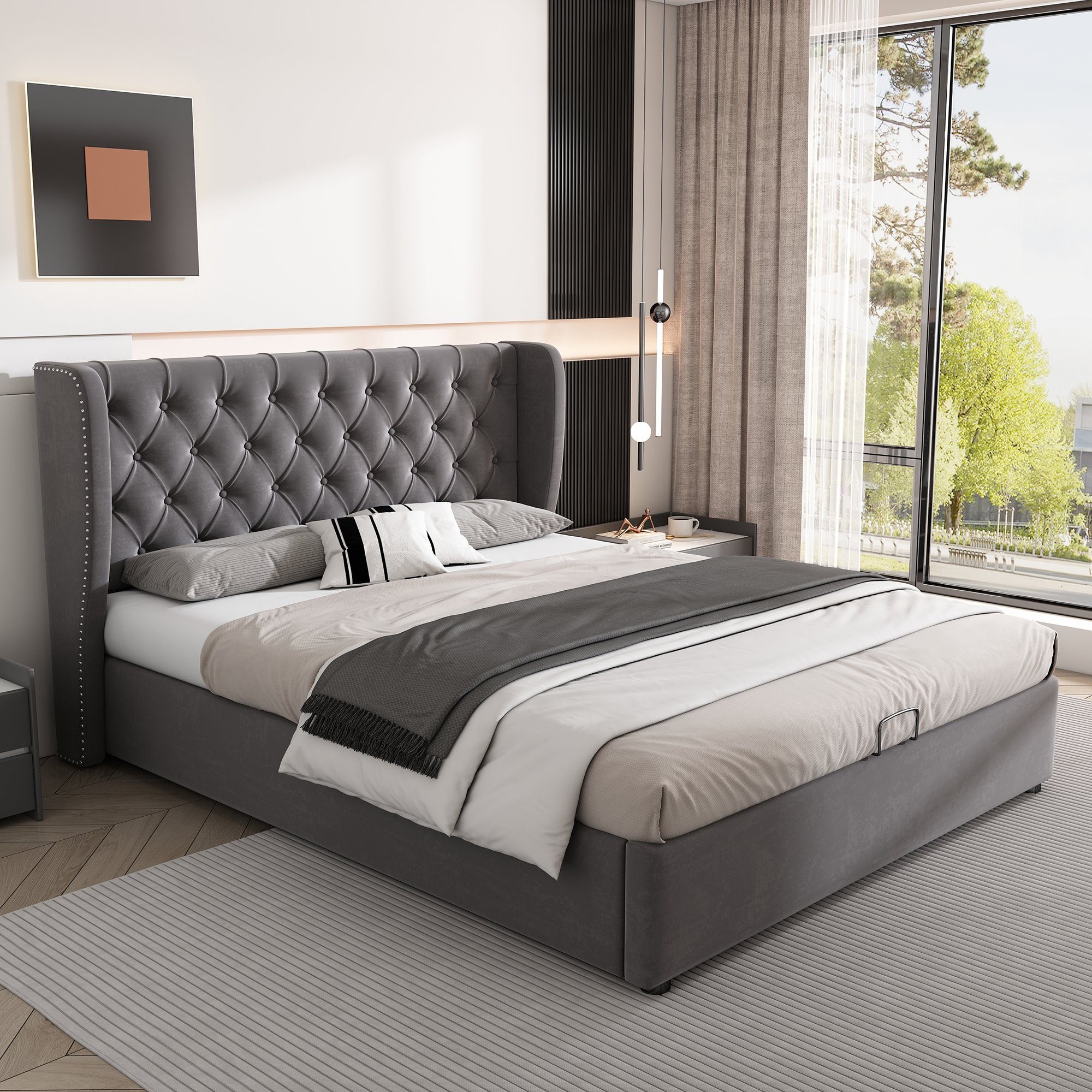 OKWISH Polsterbett Doppelbett Stauraumbett, Kiefernholz Flanell 140*200cm Ohne Matratze