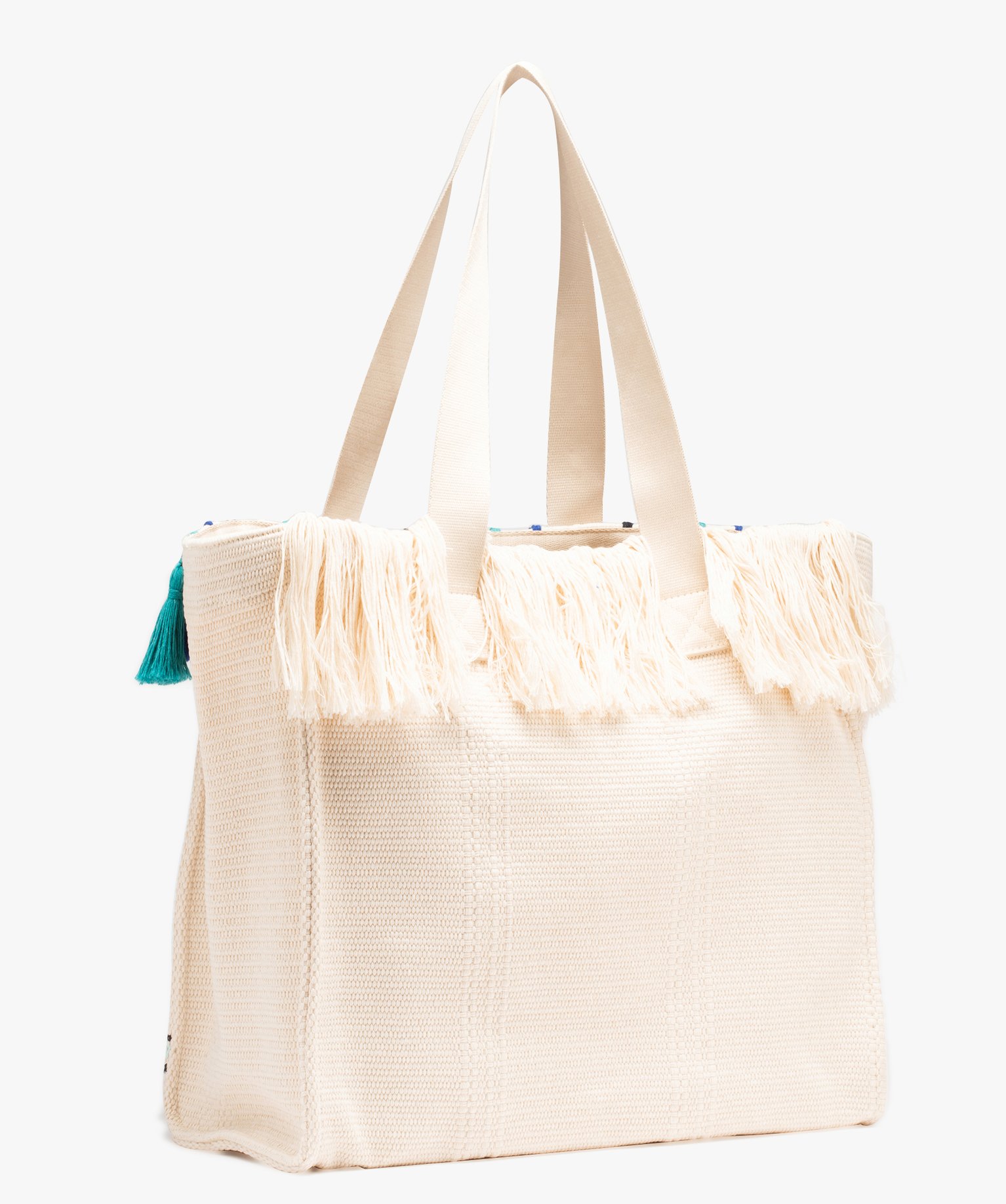 Sac cabas en toile avec pompons, franges et motifs géométr... beige | GEMO
