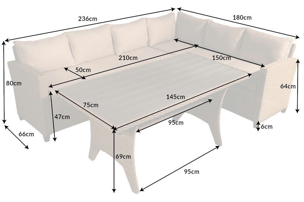 riess-ambiente Sitzgruppe MONACO 236cm natur, (Set, 1-tlg), Garten · inkl. Tisch und Kissen · Outdoor