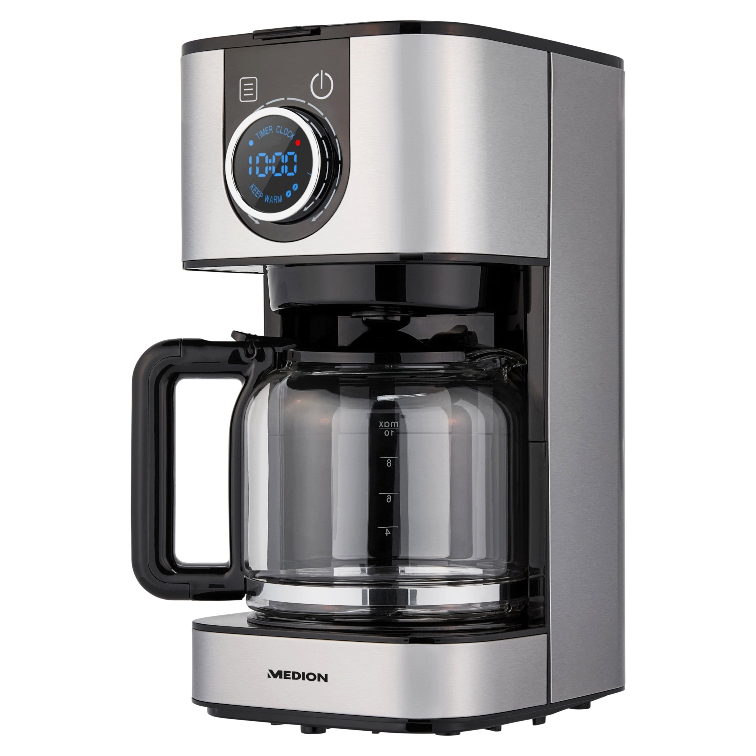 Medion® Siebträger-/Filterkaffeemaschine Kaffeemaschine 900W 1,5L 10 Tassen Glas LED-Display Edelstahl, MD19480
