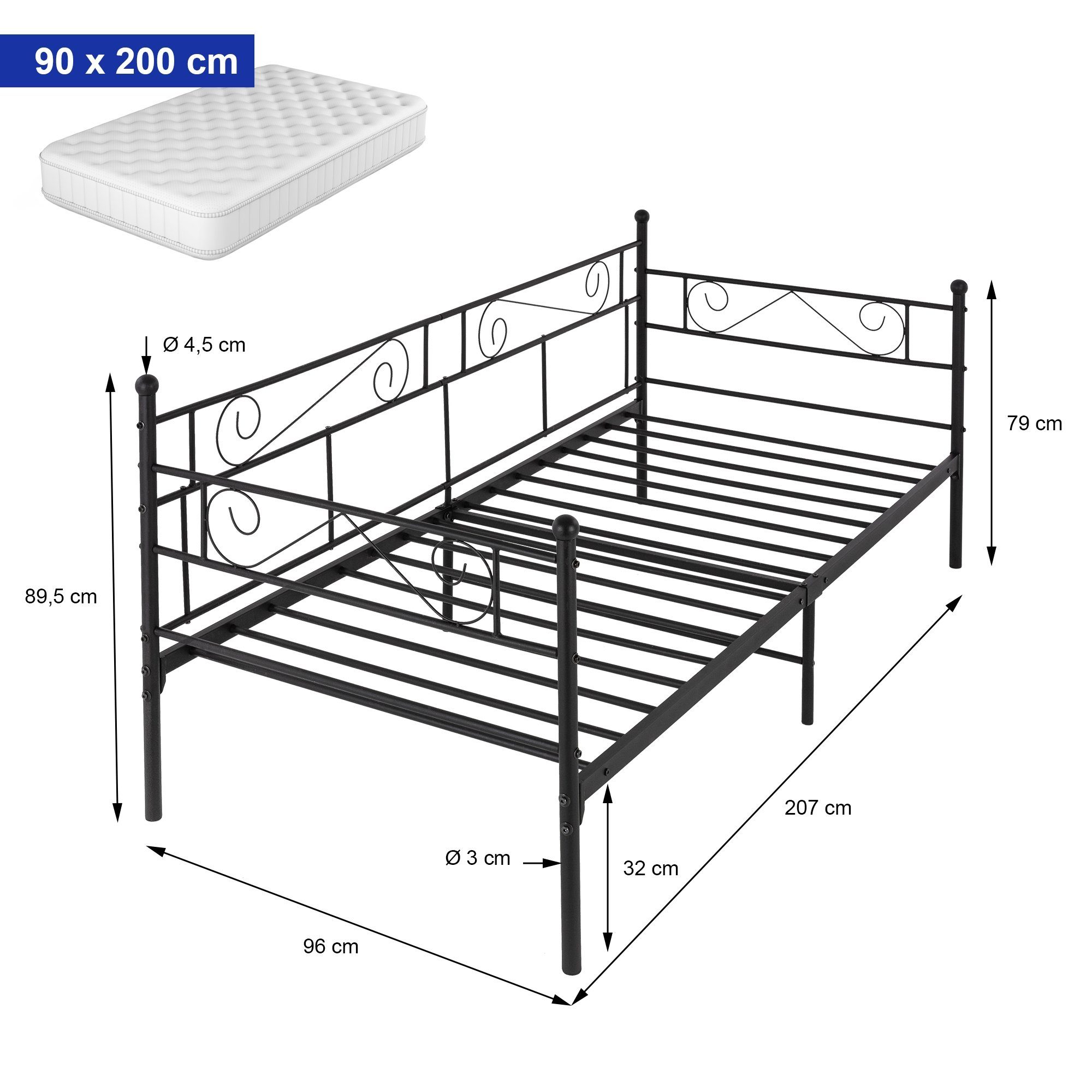 ML-DESIGN Metallbett Tagesbett Schlafzimmerbett Bettgestell Bettrahmen Schlafsofa Gästebett, Schwarz 90x200cm Stahlrahmen Lattenrost robust/leichte Montage