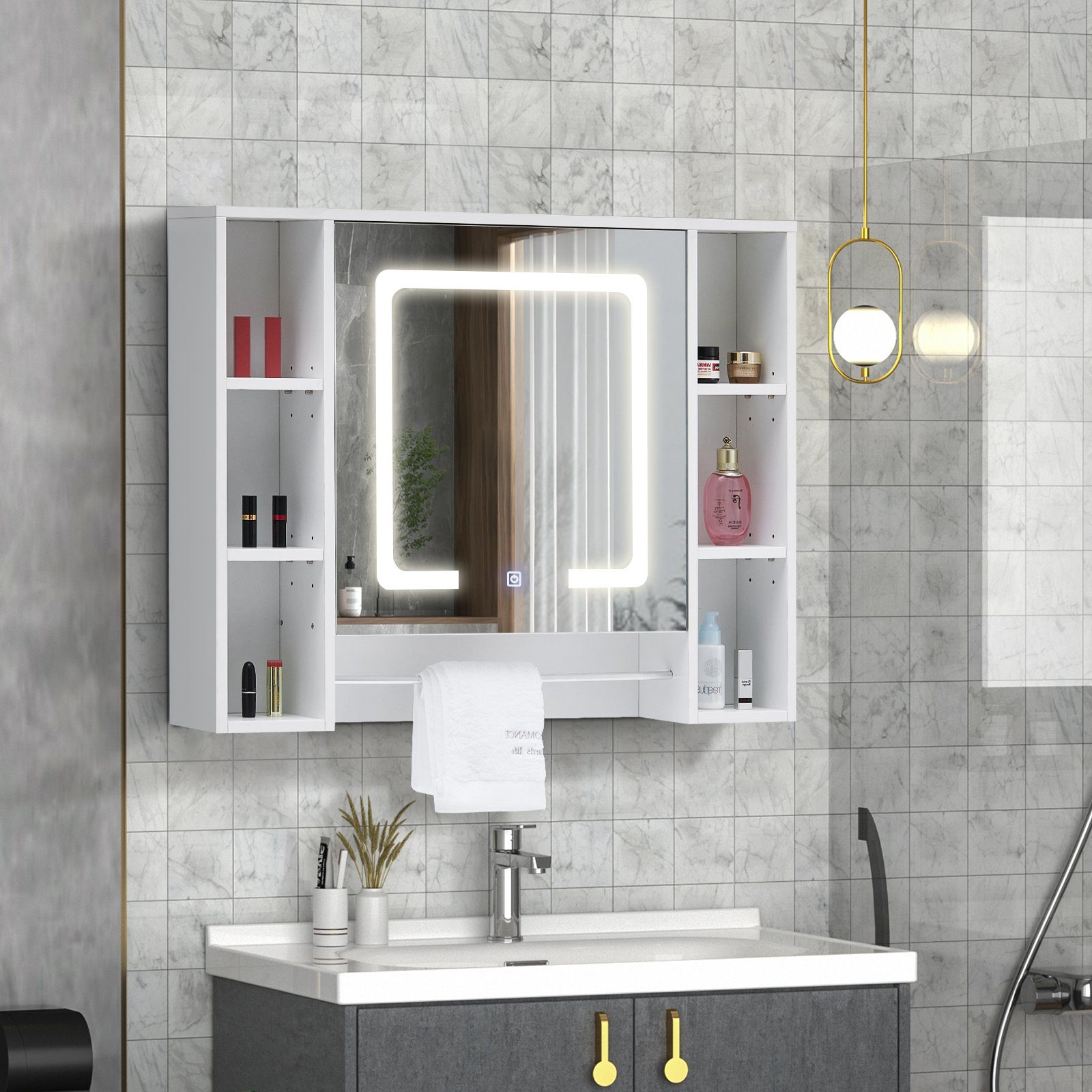CLIPOP Spiegelschrank Badeschrank mit LED Wandspiegel mit Touchschalter, verstellbaren Regalen & Handtuchhalter