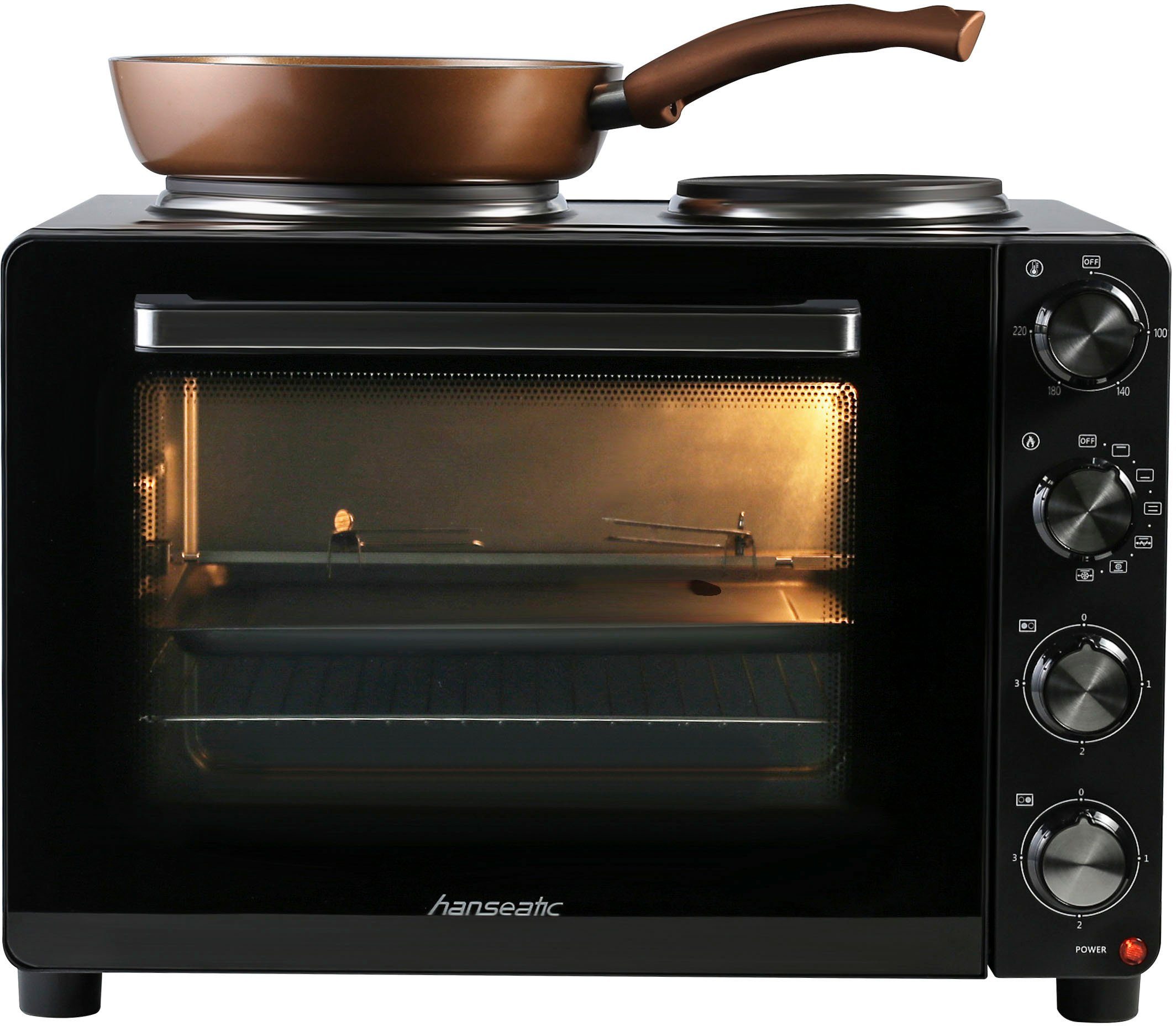 Hanseatic Kleinküche 97530243 HMO366BKB, mit Doppelkochplatte, Back- und Krümelblech, Grillrost, großer Garraum