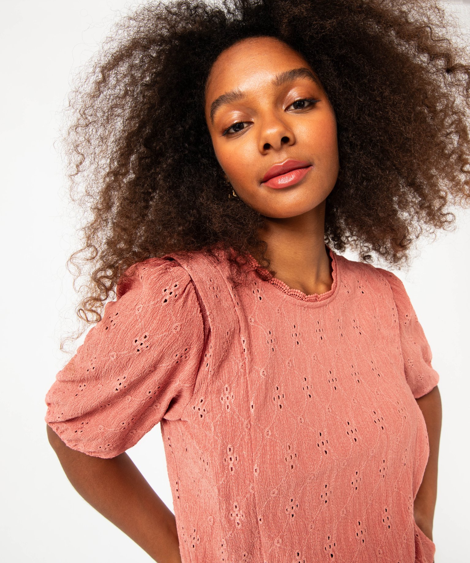 Tee-shirt à manches courtes avec broderies anglaise femme rose | GEMO