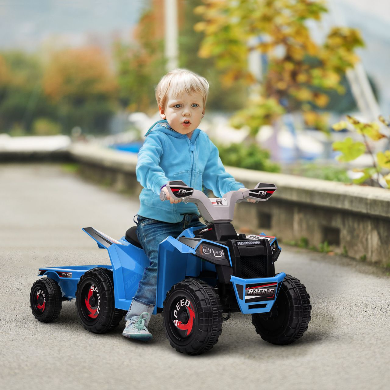 HOMCOM Kinderquad Kinder Elektro-Quad, 6V Elektroauto mit Anhänger Metall Blau