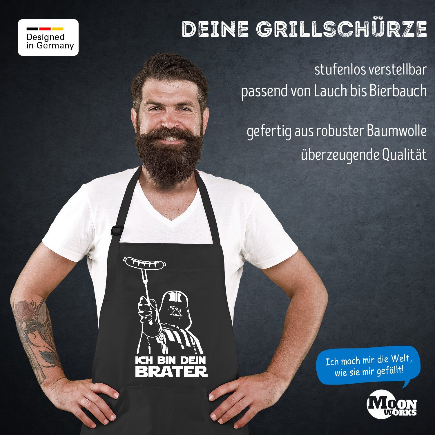 MoonWorks Grillschürze Grill-Schürze für Männer mit Spruch Ich bin dein Brater Baumwoll-Schürze Kochschürze Grillen Barbecue BBQ Fleisch Sommer Moonworks®, mit kreativem Aufdruck
