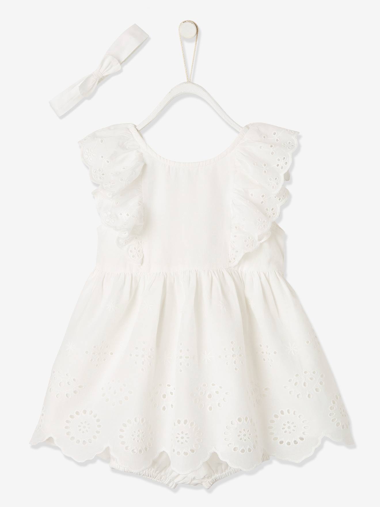 Ensemble de cérémonie bébé robe, bloomer et bandeau ivoire