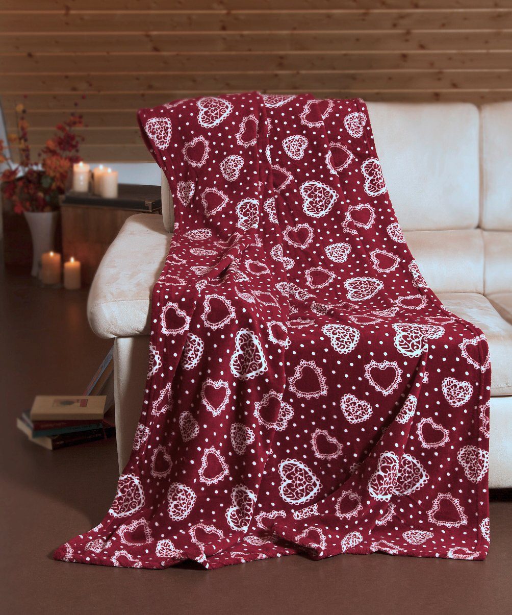 Wohndecke Kuscheldecke Herzen Flanell Sofadecke Landhaus, heimtexland, kuschelig weich und warm I XL 150x200 I Schadstoffgeprüft