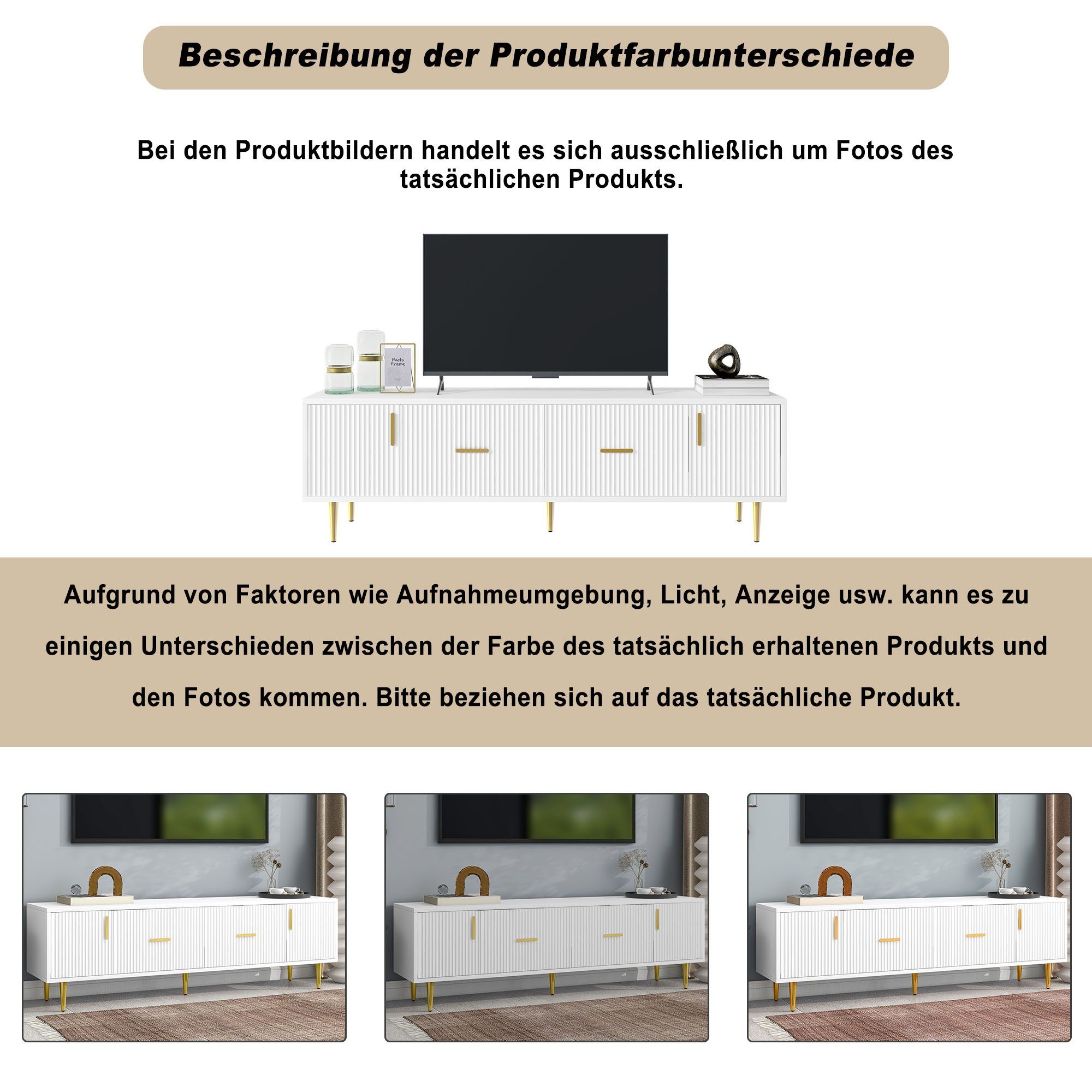 Merax Lowboard mit goldenen Füße und Griffe aus Metall, TV-Schrank mit 2 Schubladen und 2 Türen, Fernsehtisch, Breite: 170cm