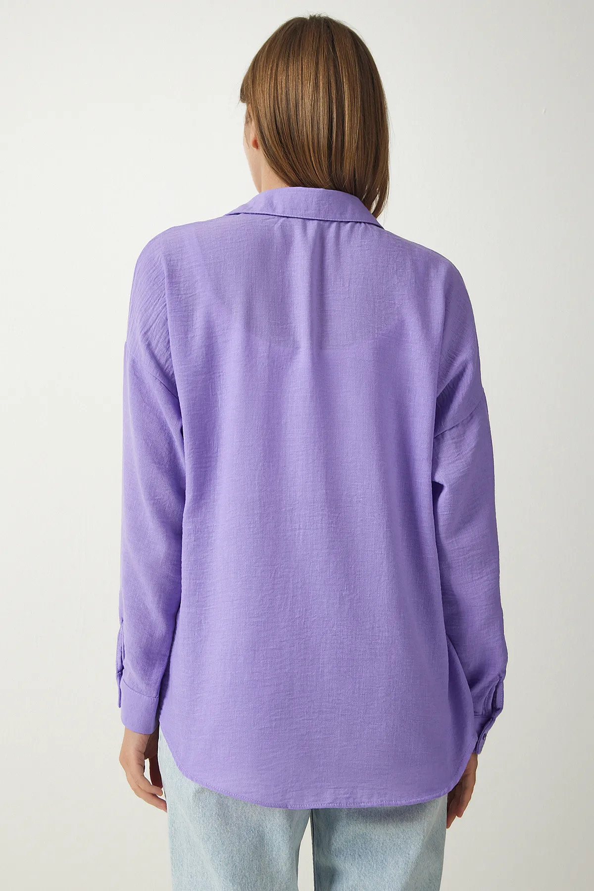 Happiness İstanbul  Lilafarbenes Oversize-Leinen-Ayrobin-Hemd für Damen DD01222
