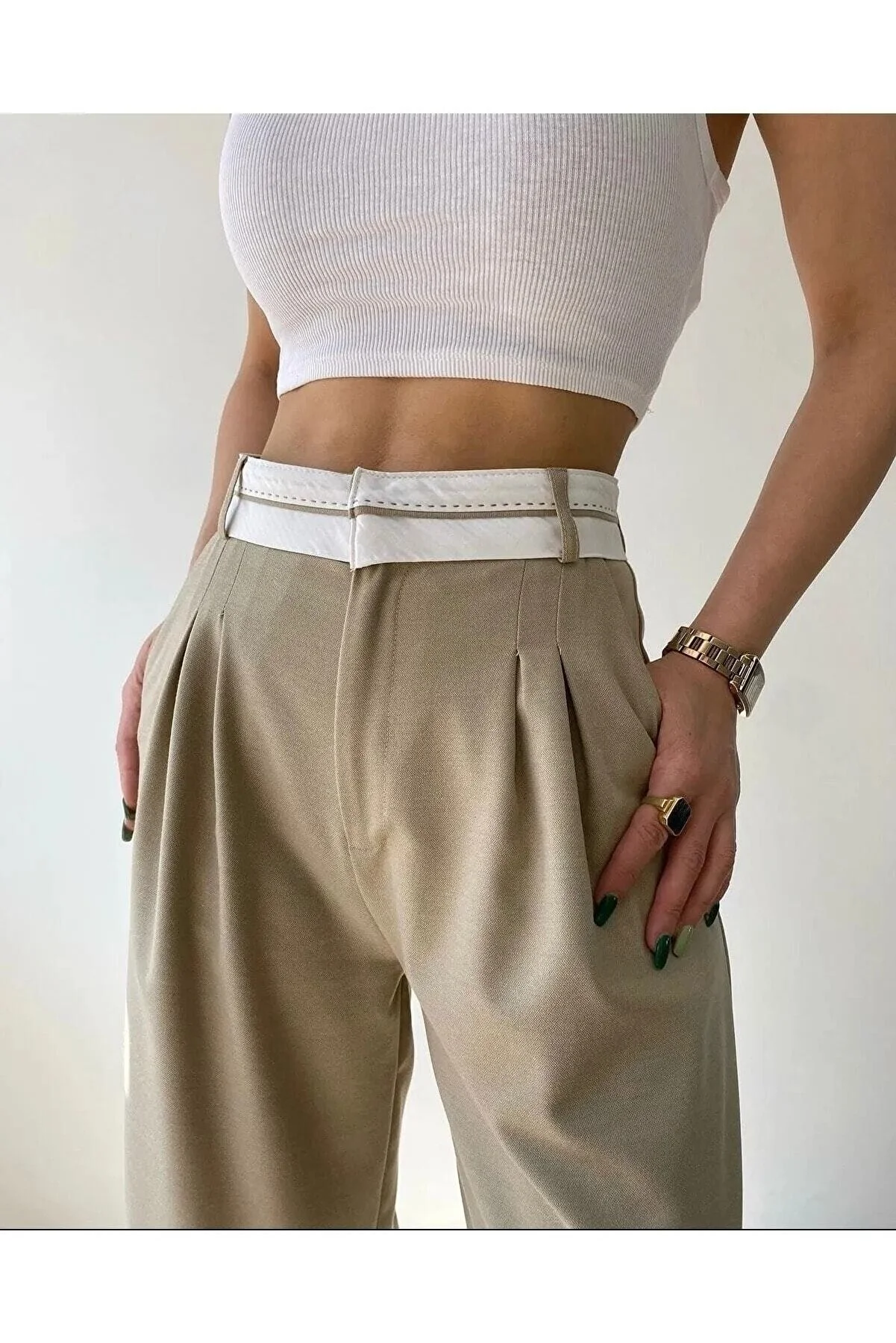 IŞILDA FASHION  Schwarze Palazzo-Hose mit umgekehrtem Gürtel und hoher Taille für Damen