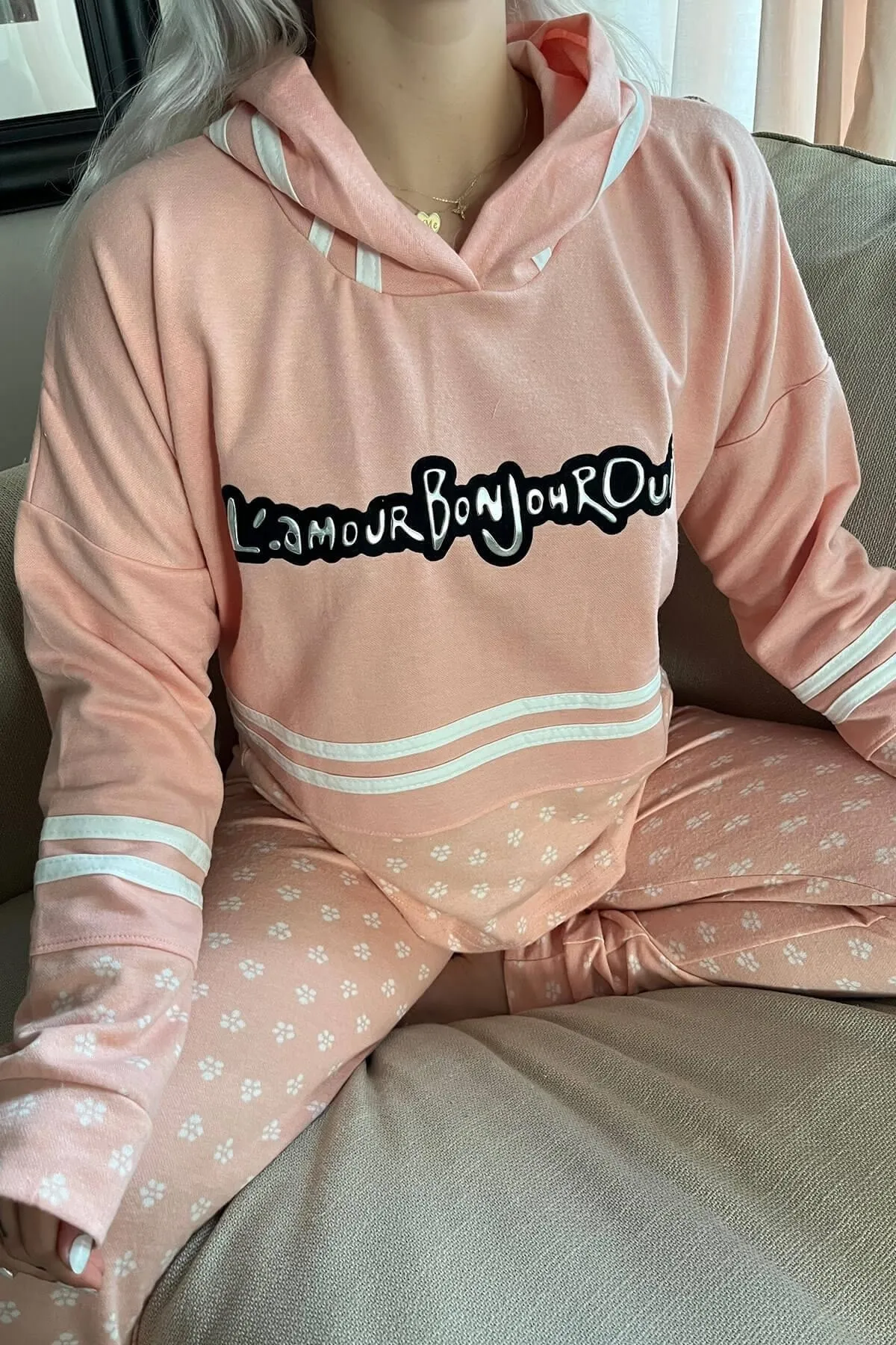 Pijamaevi  Salmon Bonjour Street gemustertes, weiches Strick-Pyjama-Set